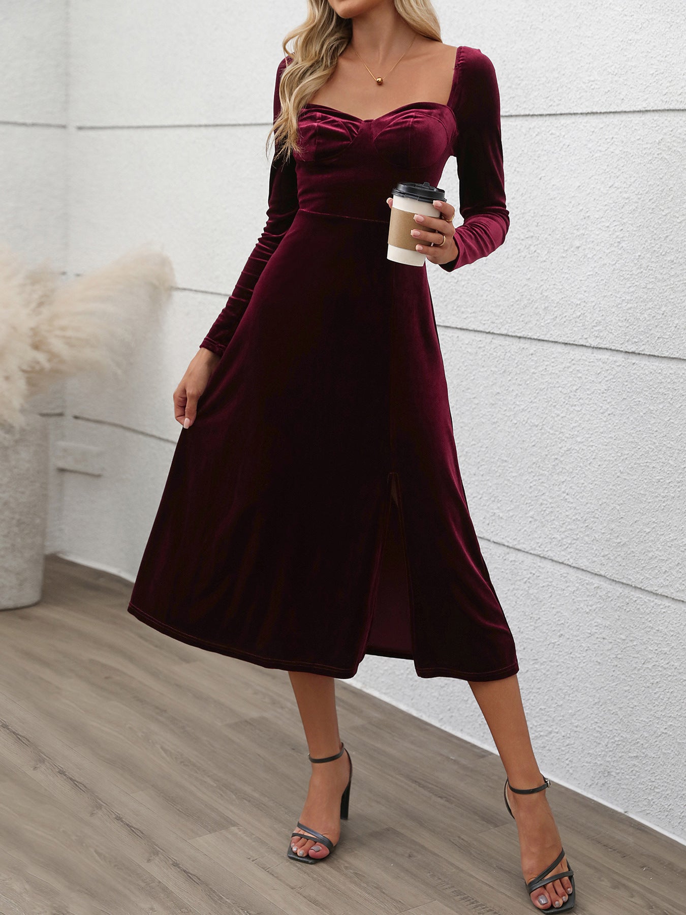 Perfee Sweetheart Neck Long Sleeve Midi Dress-TOPS / DRESSES-[Adult]-[Female]-Burgundy-S-2022 Online Blue Zone Planet