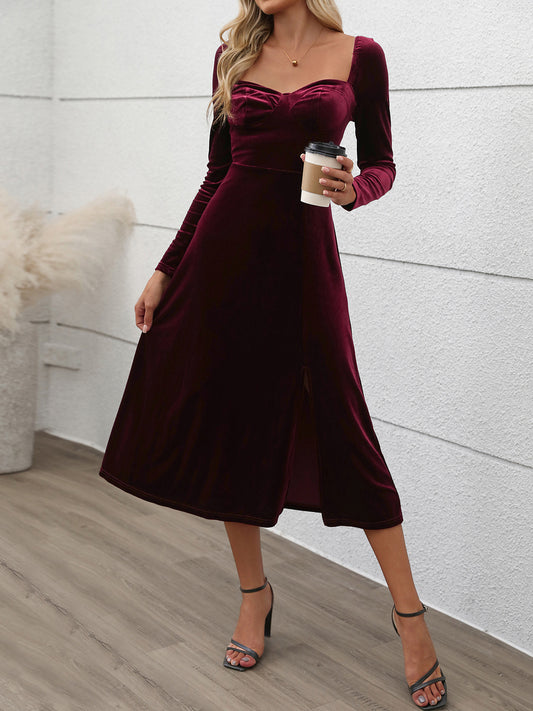 Perfee Sweetheart Neck Long Sleeve Midi Dress-TOPS / DRESSES-[Adult]-[Female]-Burgundy-S-2022 Online Blue Zone Planet