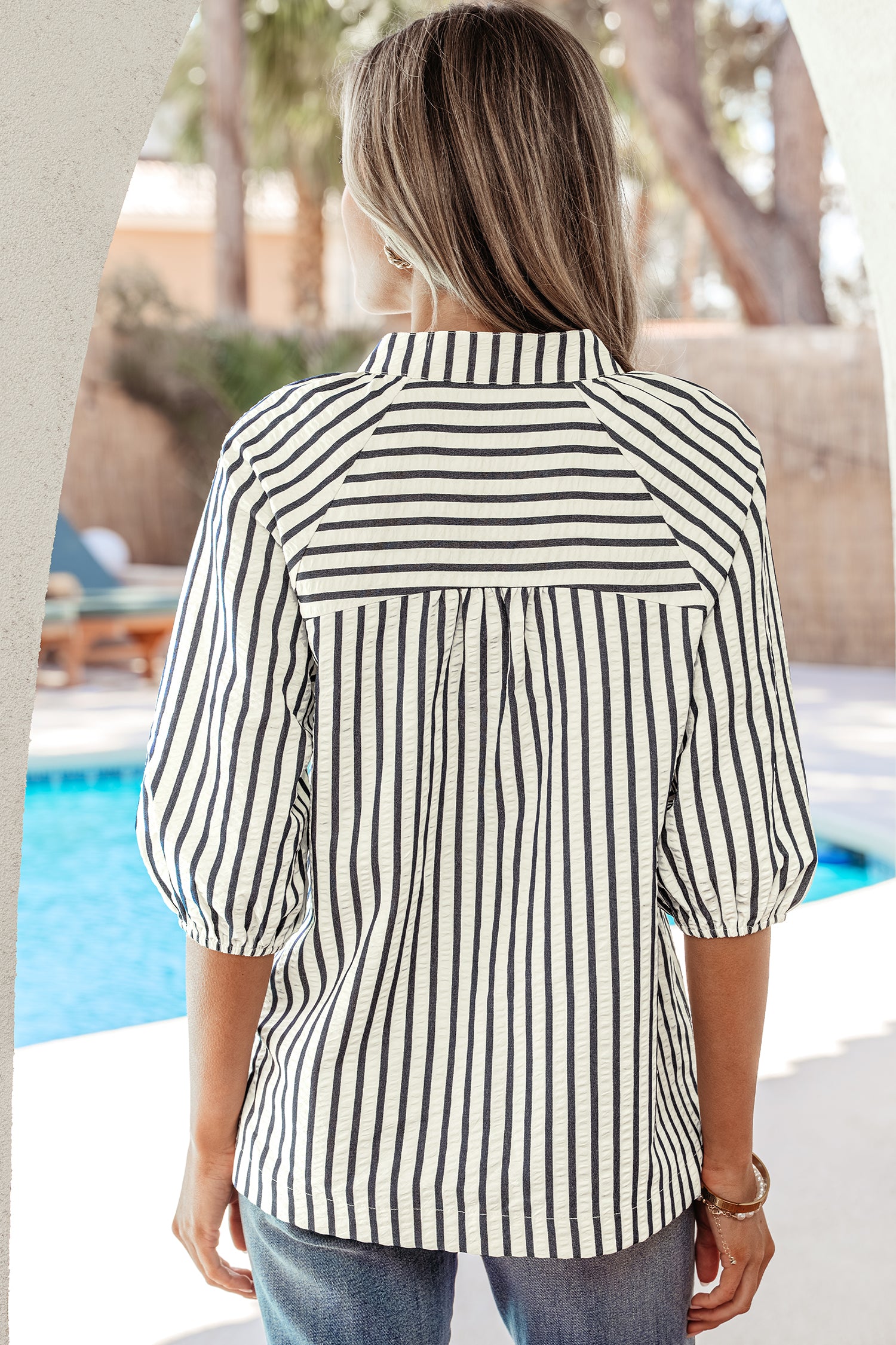 Blue Stripe Floral Embroidered Detail V Neck Short Sleeve Blouse-Tops/Blouses & Shirts-[Adult]-[Female]-2022 Online Blue Zone Planet