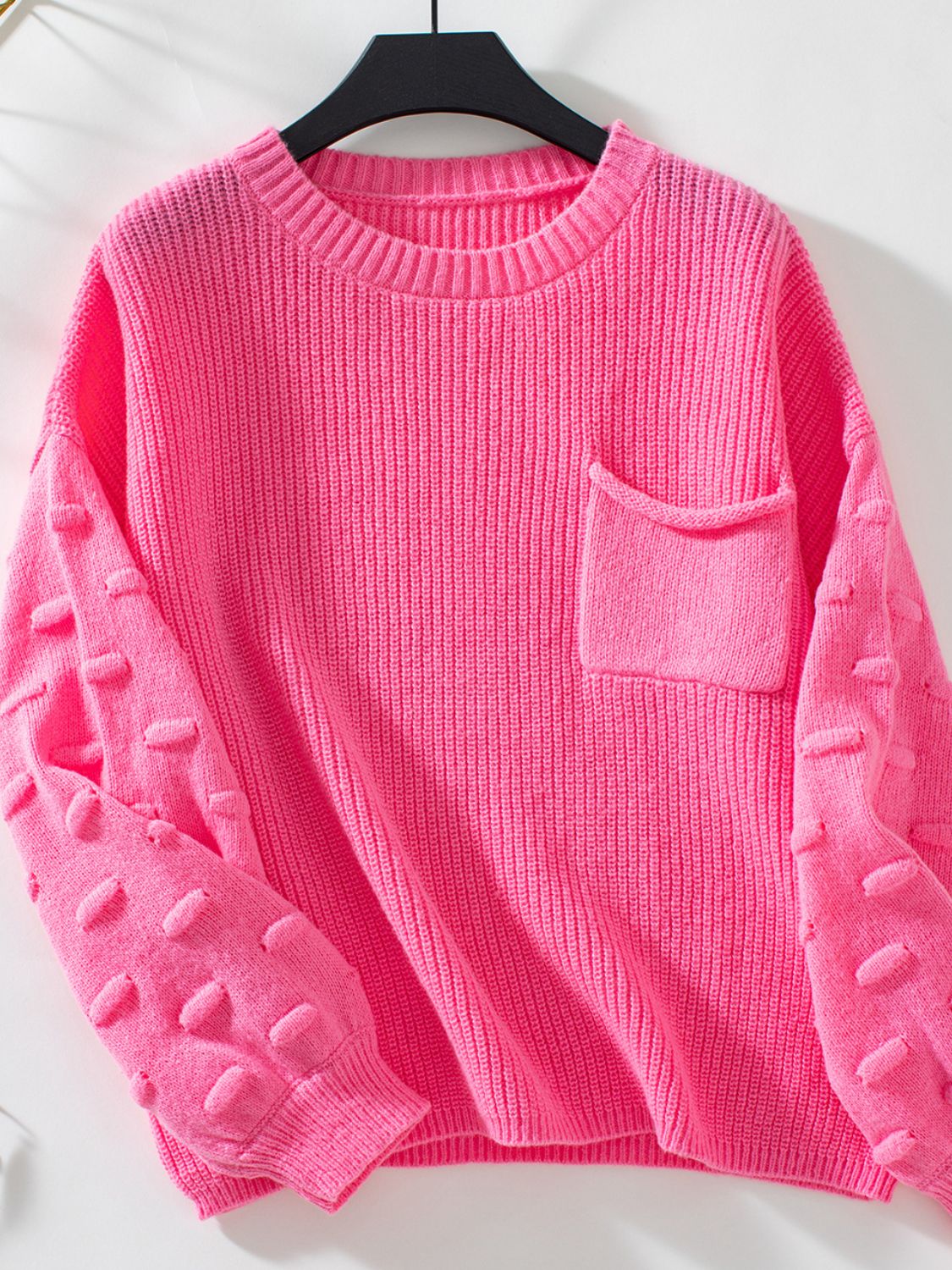 Round Neck Drop Shoulder Sweater-TOPS / DRESSES-[Adult]-[Female]-Hot Pink-S-2022 Online Blue Zone Planet