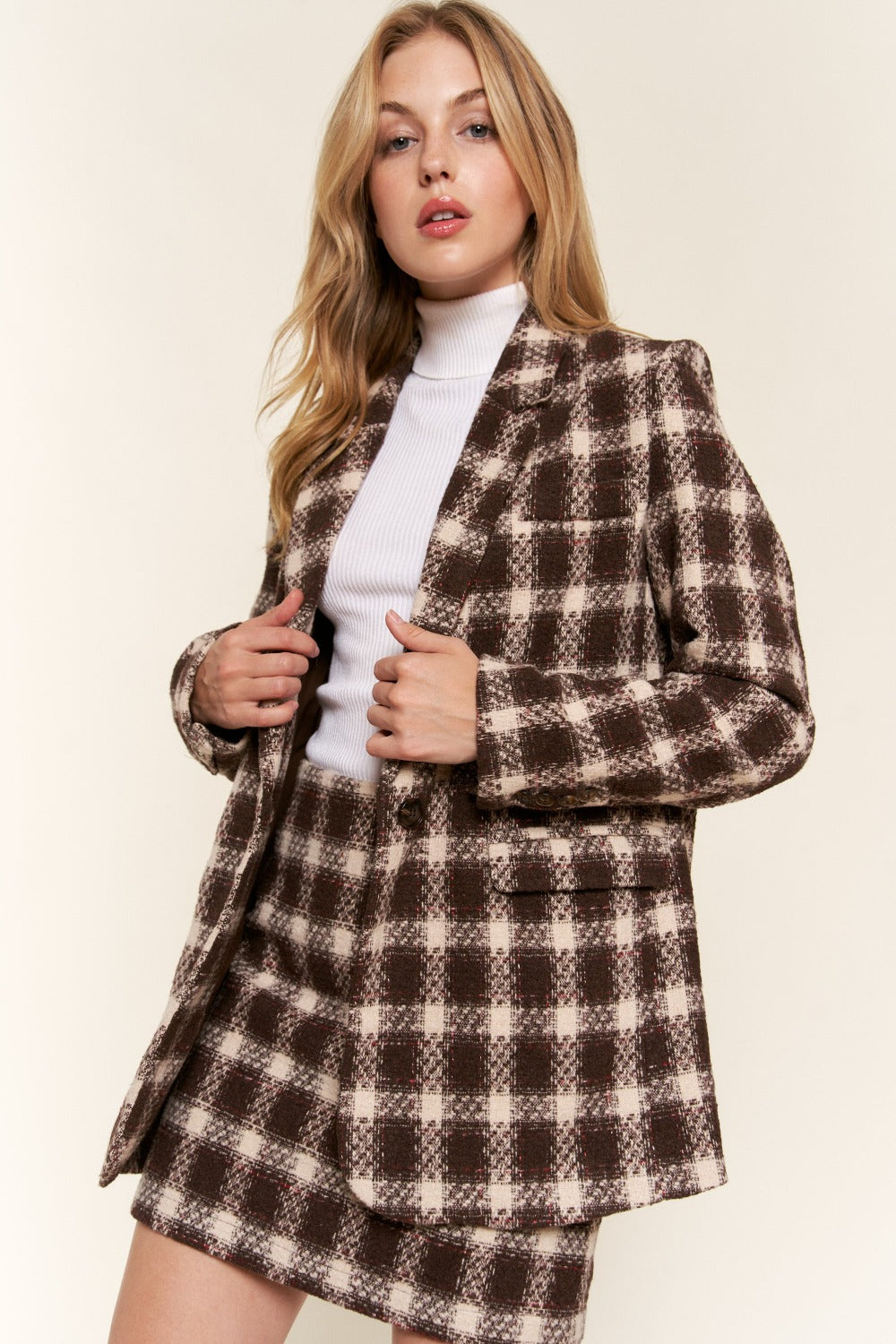 And The Why Full Size Plaid Brushed One Button Blazer-TOPS / DRESSES-[Adult]-[Female]-2022 Online Blue Zone Planet