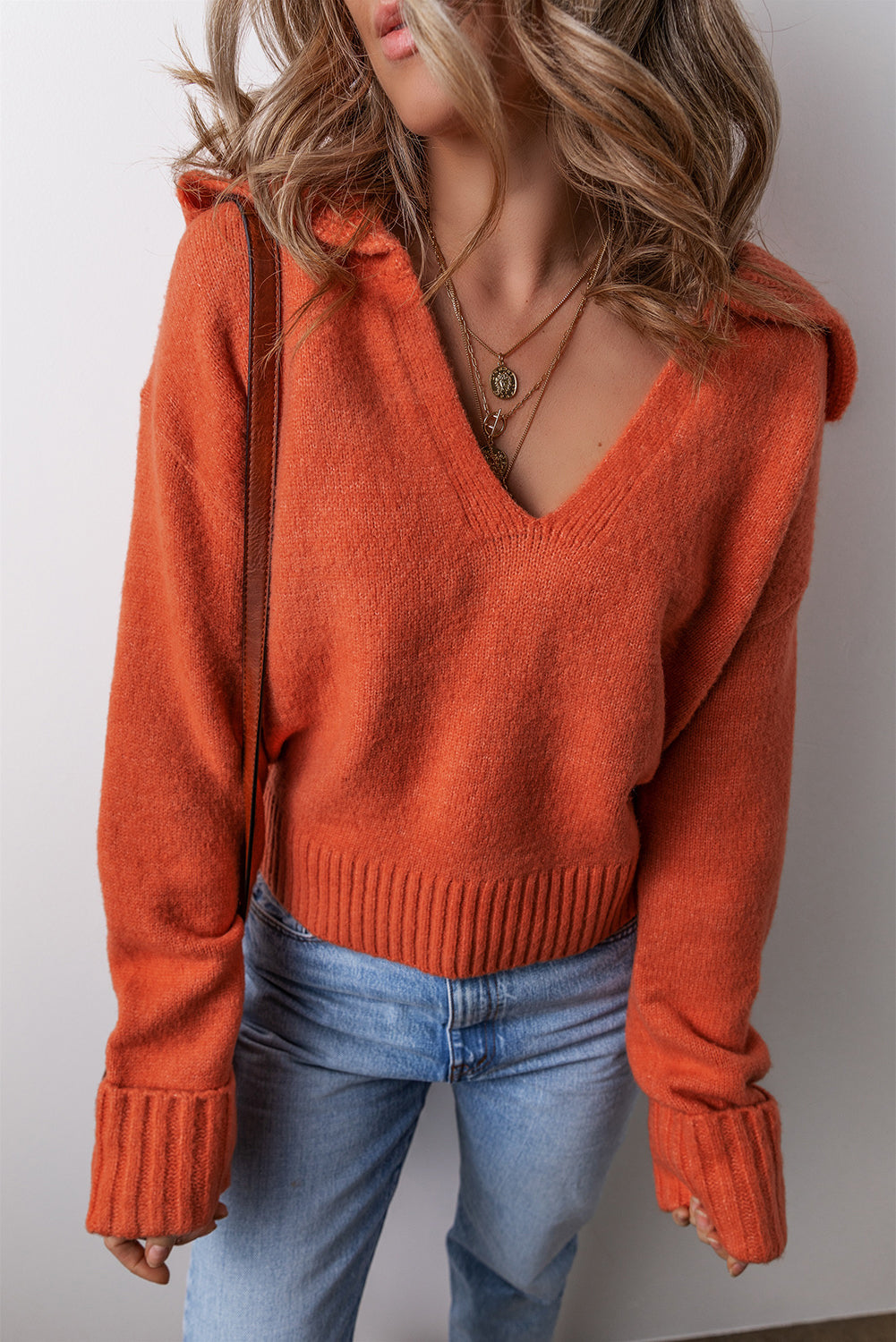 Flamingo Collared V Neck Ribbed Edge Sexy Elegant Sweater-Sweaters & Cardigans/Sweaters-[Adult]-[Female]-Flamingo-S-2022 Online Blue Zone Planet