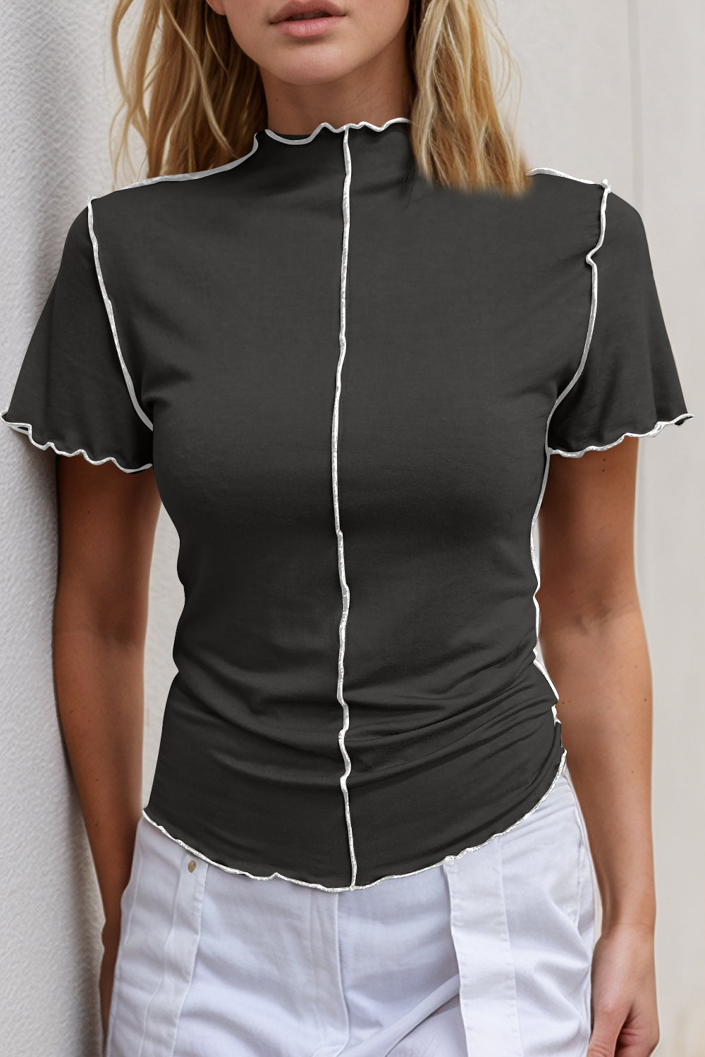 Basic Bae Contrast Trim Mock Neck Short Sleeve T-Shirt-TOPS / DRESSES-[Adult]-[Female]-Black-S-2022 Online Blue Zone Planet