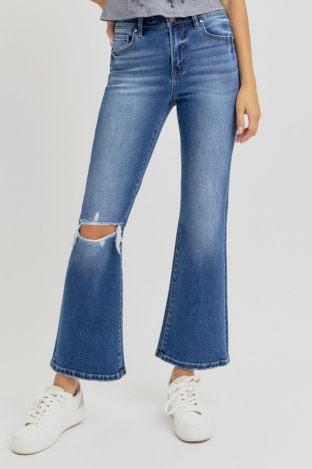 RISEN Full Size Distressed High Rise Crop Flare Jeans-BOTTOMS SIZES SMALL MEDIUM LARGE-[Adult]-[Female]-Dark-0(24)-2022 Online Blue Zone Planet