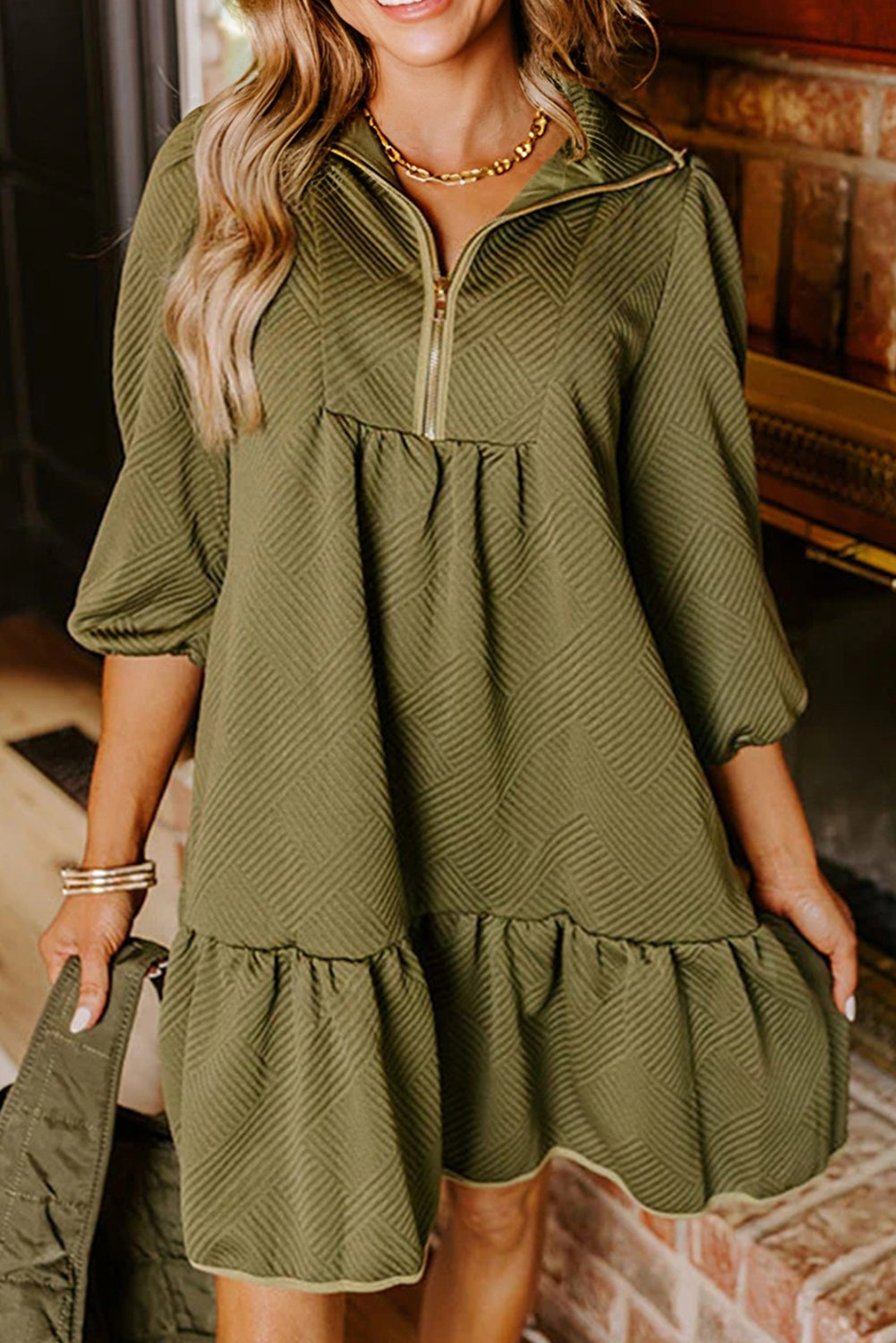 Jungle Green Quarter Zip Collar Bracelet Sleeve Textured Mini Dress-TOPS / DRESSES-[Adult]-[Female]-Jungle Green-S-2022 Online Blue Zone Planet