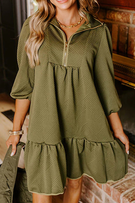 Jungle Green Quarter Zip Collar Bracelet Sleeve Textured Mini Dress-TOPS / DRESSES-[Adult]-[Female]-Jungle Green-S-2022 Online Blue Zone Planet