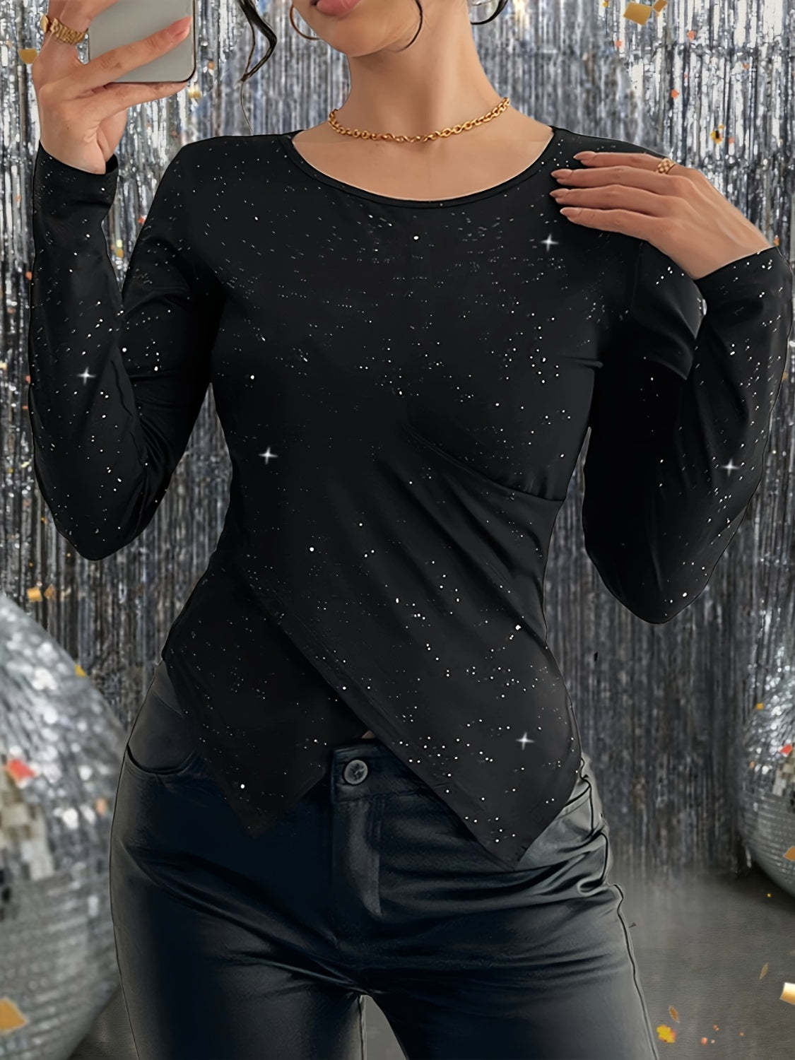 Glitter Round Neck Long Sleeve T-Shirt-TOPS / DRESSES-[Adult]-[Female]-2022 Online Blue Zone Planet