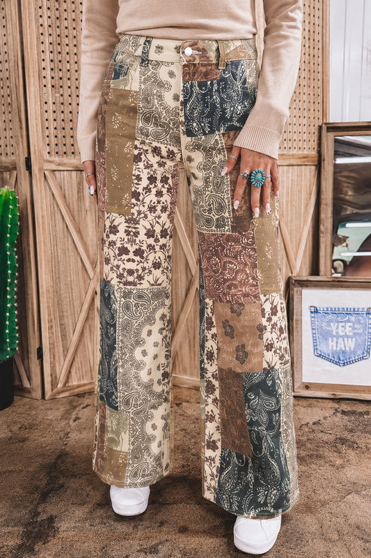 Khaki Patchwork Print Casual Shift Jeans-Bottoms/Jeans-[Adult]-[Female]-Khaki-4-2022 Online Blue Zone Planet