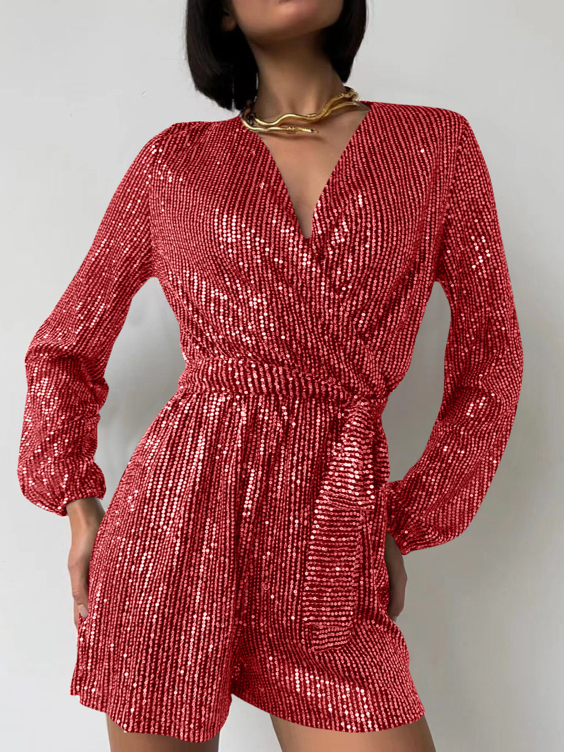 Full Size Sequin Surplice Tie Waist Long Sleeve Romper-TOPS / DRESSES-[Adult]-[Female]-Scarlet-S-2022 Online Blue Zone Planet