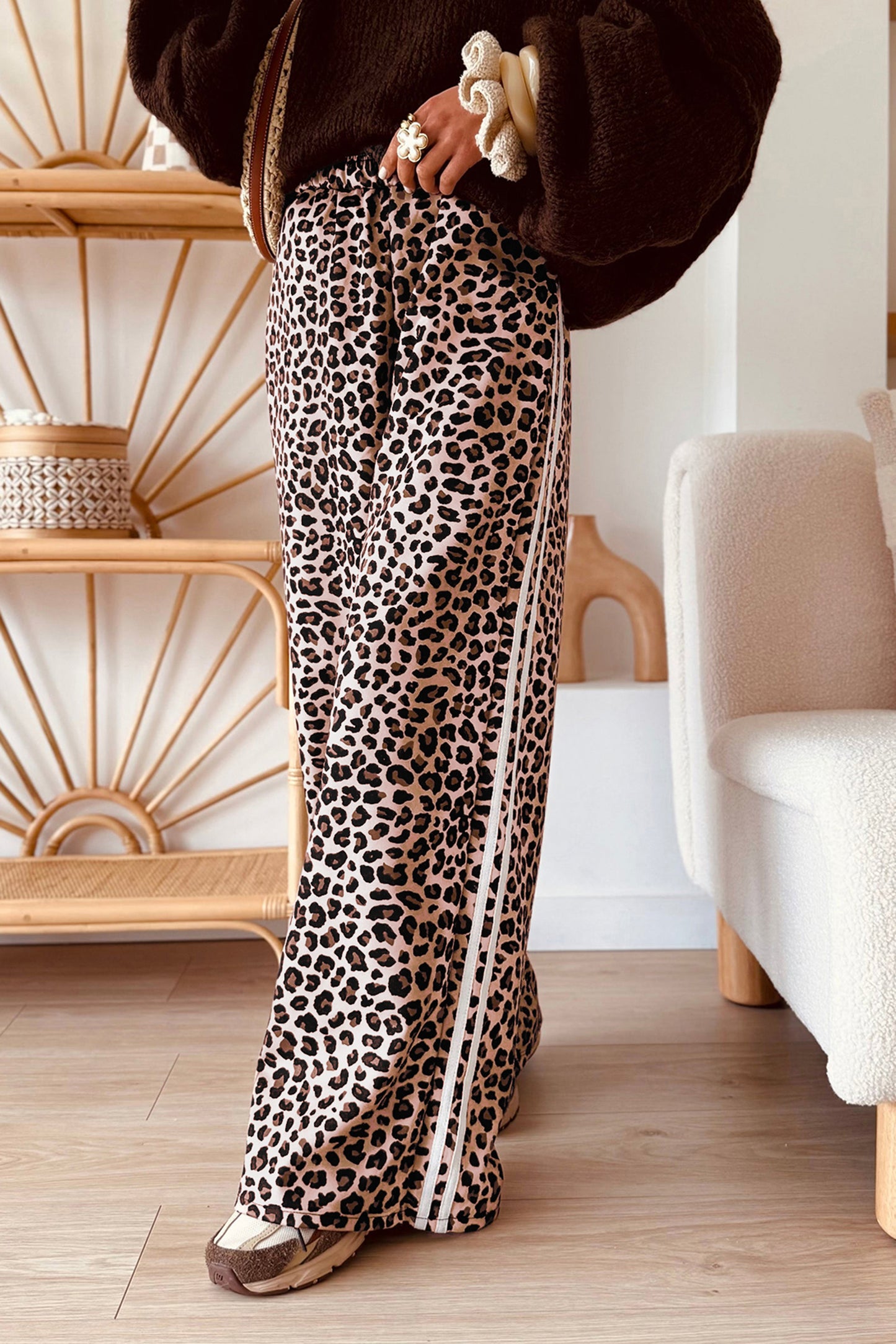 Beige Leopard Print Side Striped Detail Casual Wide Leg Pants-Bottoms/Pants & Culotte-[Adult]-[Female]-2022 Online Blue Zone Planet