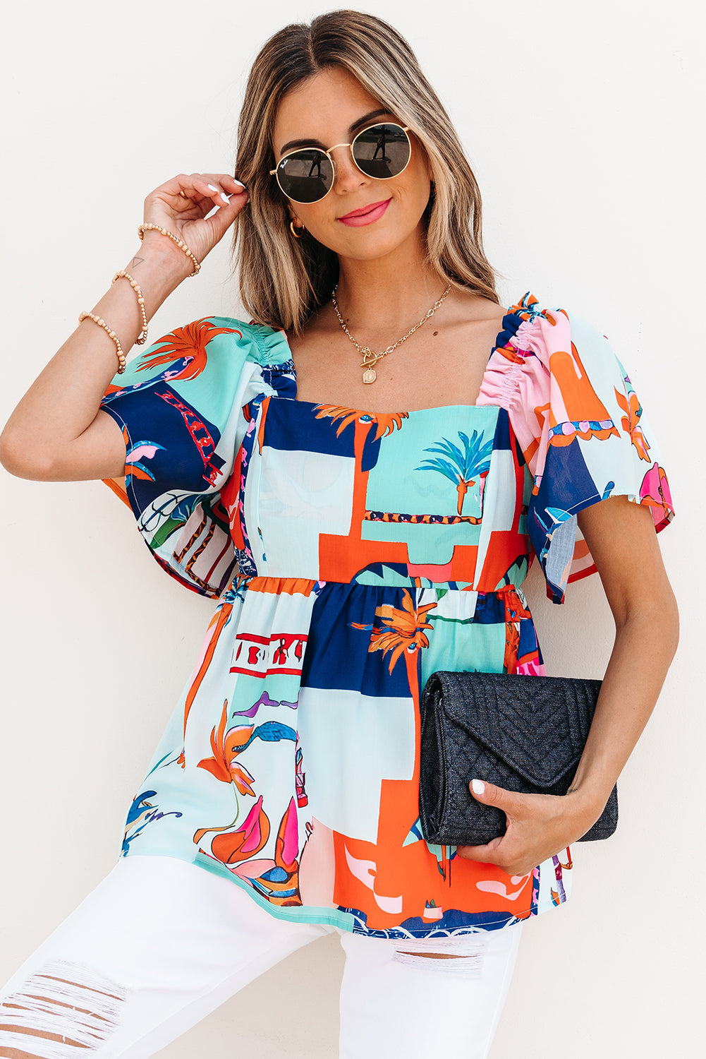 Sky Blue Tropical Printed Square Neck Flutter Sleeve Babydoll Blouse-Tops/Blouses & Shirts-[Adult]-[Female]-2022 Online Blue Zone Planet