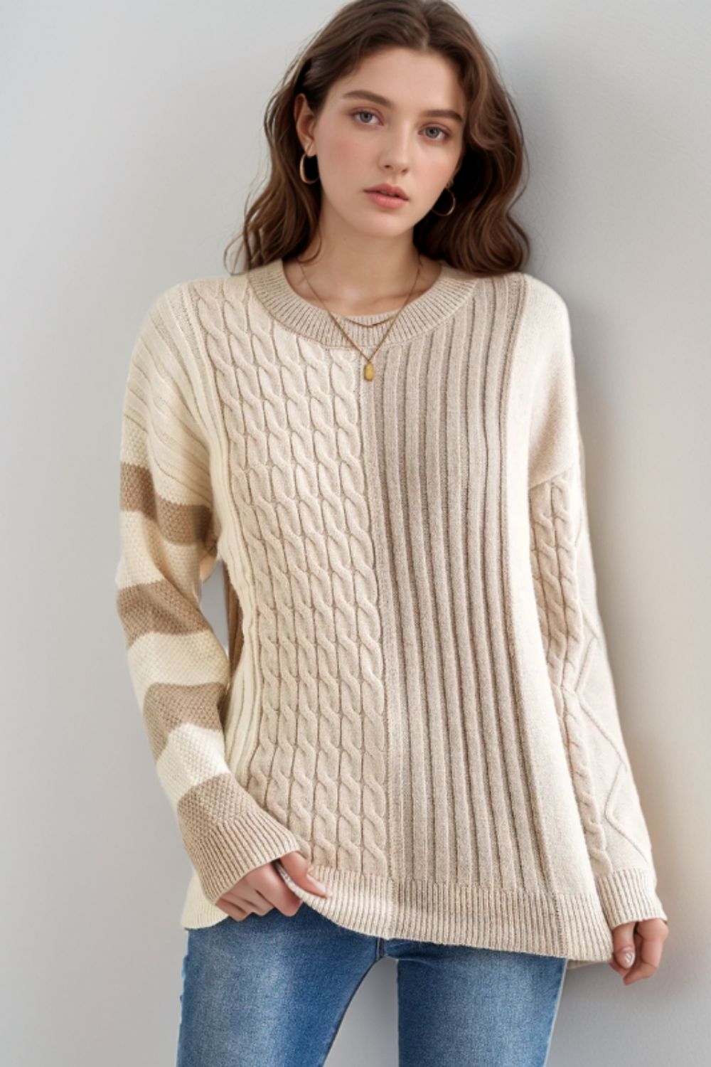 Cable-Knit Color Block Round Neck Sweater-TOPS / DRESSES-[Adult]-[Female]-2022 Online Blue Zone Planet