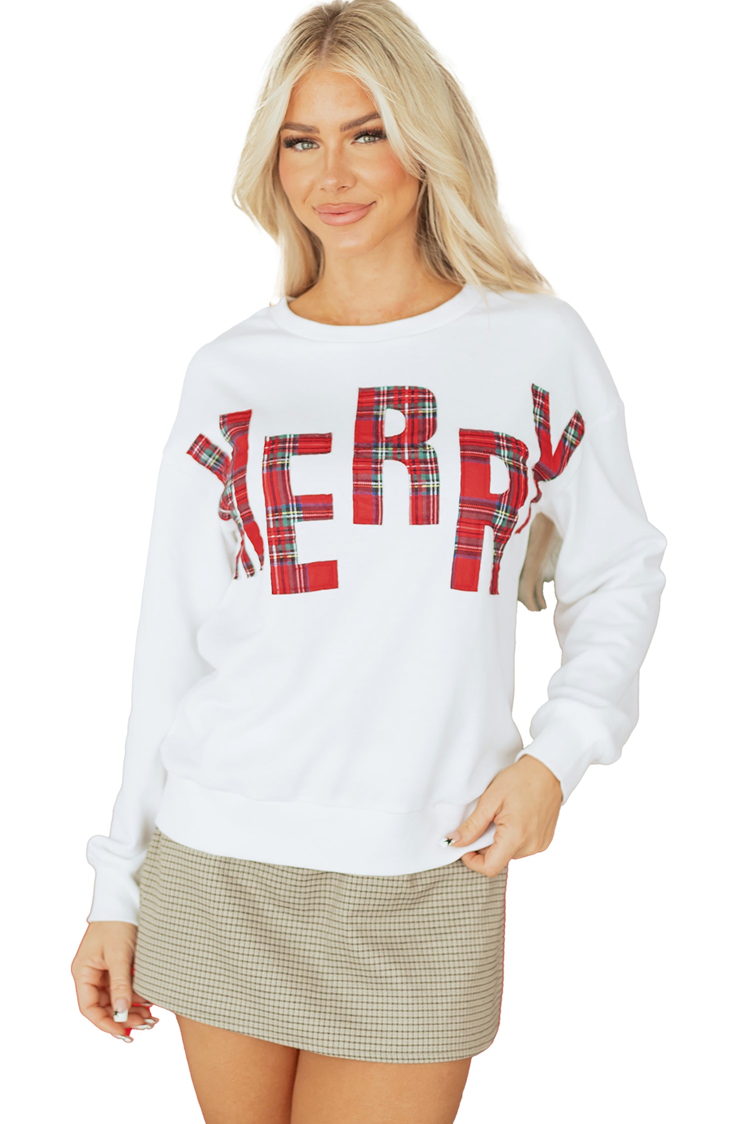 White Plaid MERRY Christmas Vacation Sweatshirt-Tops/Sweatshirts & Hoodies-[Adult]-[Female]-2022 Online Blue Zone Planet