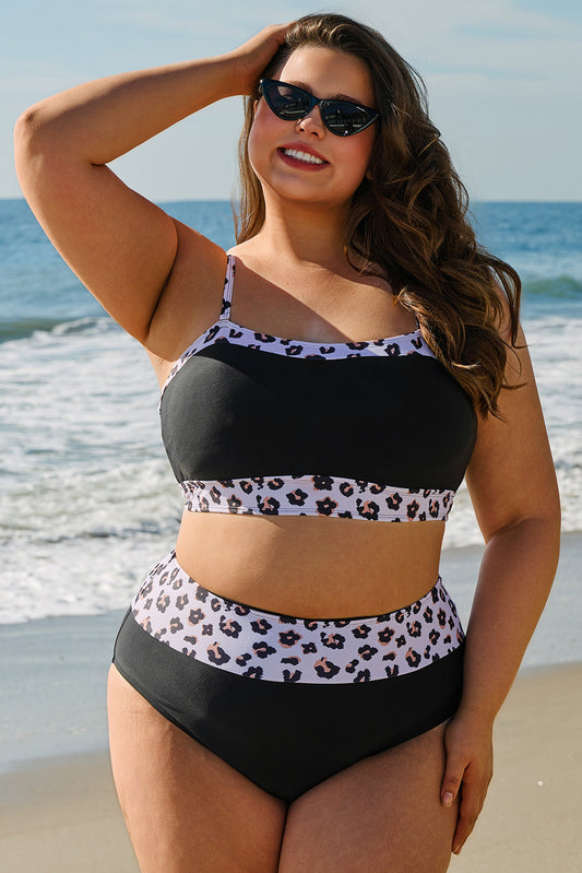 Black 2pcs Leopard Patchwork Plus Size High Waisted Swimsuit-Plus Size/Plus Size Swimwear-[Adult]-[Female]-Black-1X-2022 Online Blue Zone Planet