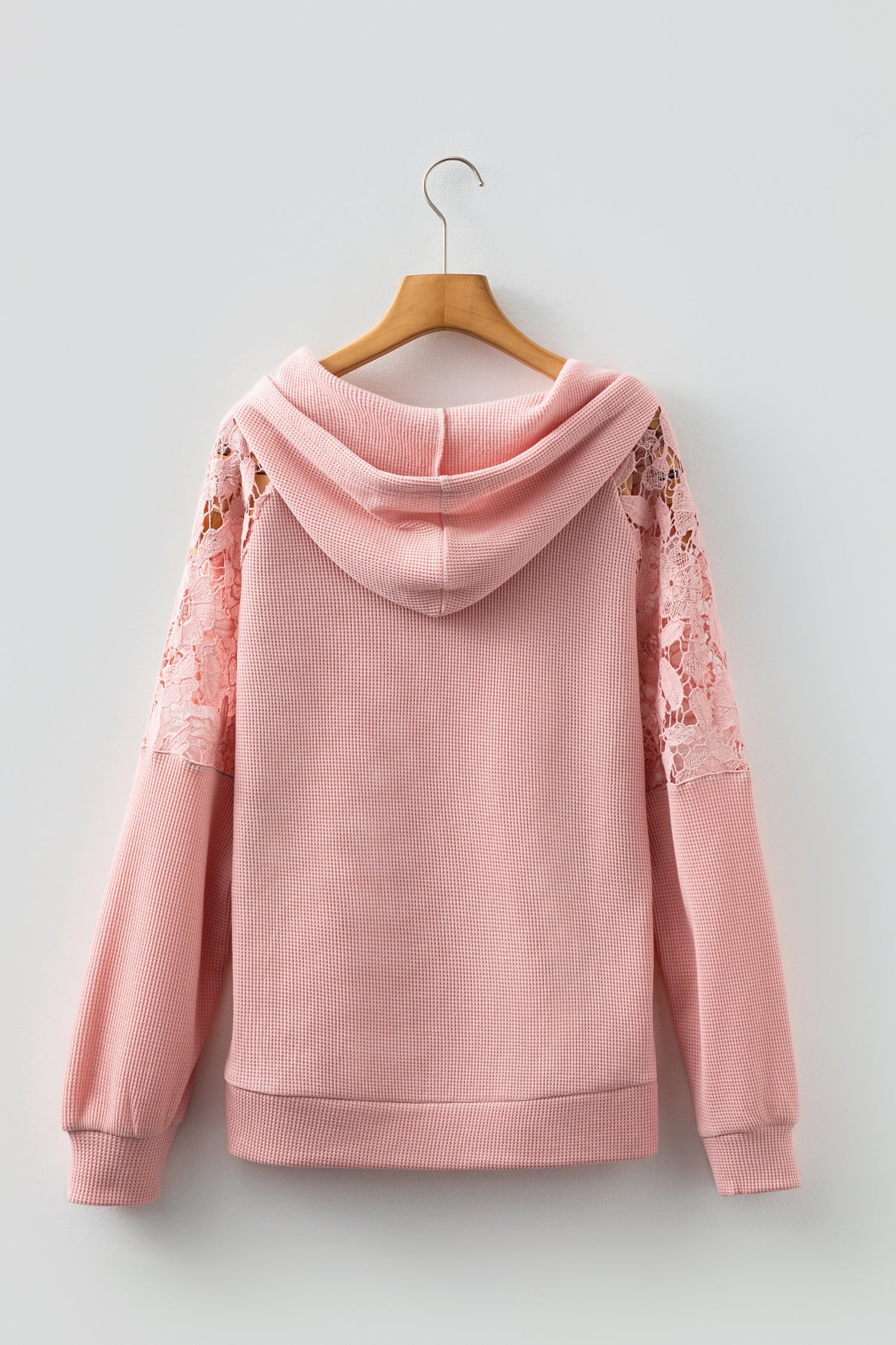 Gossamer Pink Lace Patchwork Raglan Sleeve Kangaroo Pocket Waffle Hoodie-Tops / Dresses-[Adult]-[Female]-2022 Online Blue Zone Planet