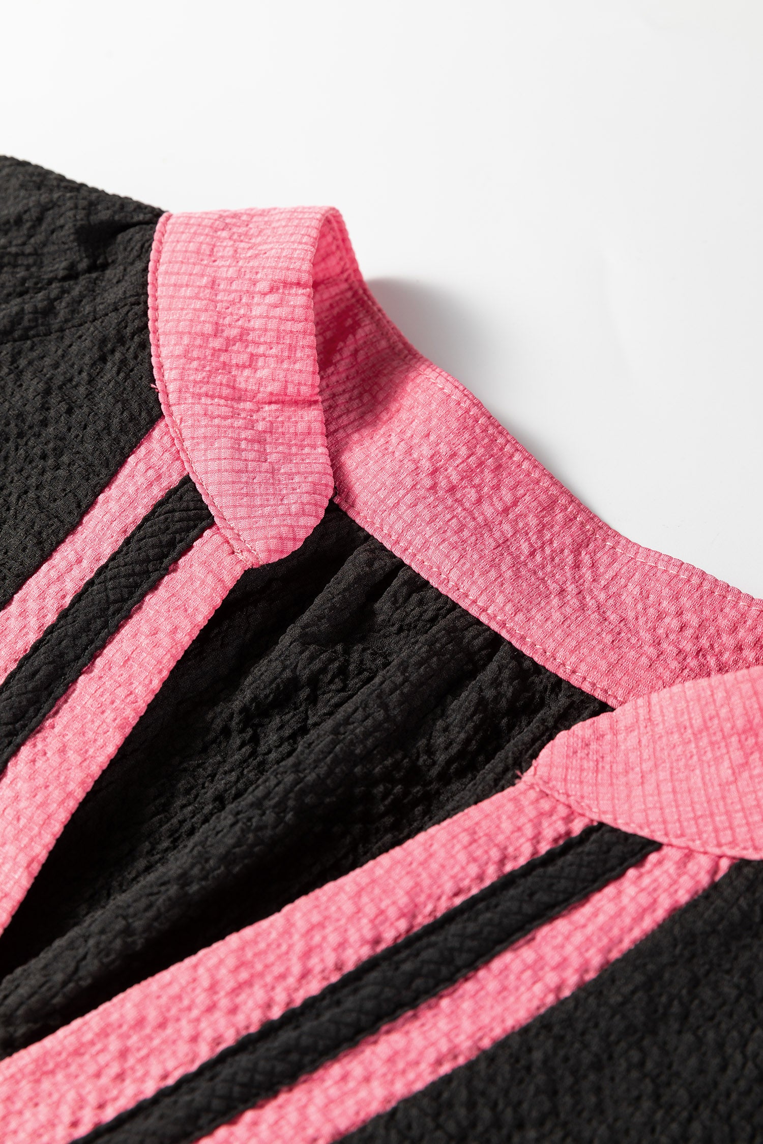 Black Color Block Patchwork Detail V Neck Textured Long Sleeve Blouse-Tops/Blouses & Shirts-[Adult]-[Female]-2022 Online Blue Zone Planet