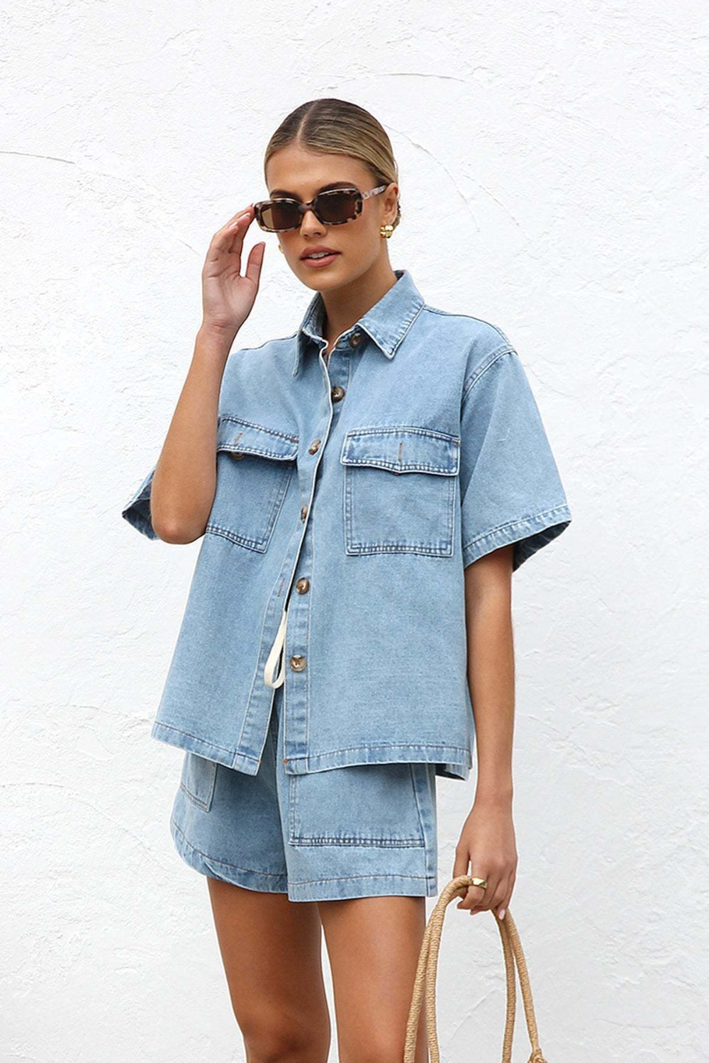 Collared Neck Button Up Top and Shorts Denim Set-TOPS / DRESSES-[Adult]-[Female]-2022 Online Blue Zone Planet