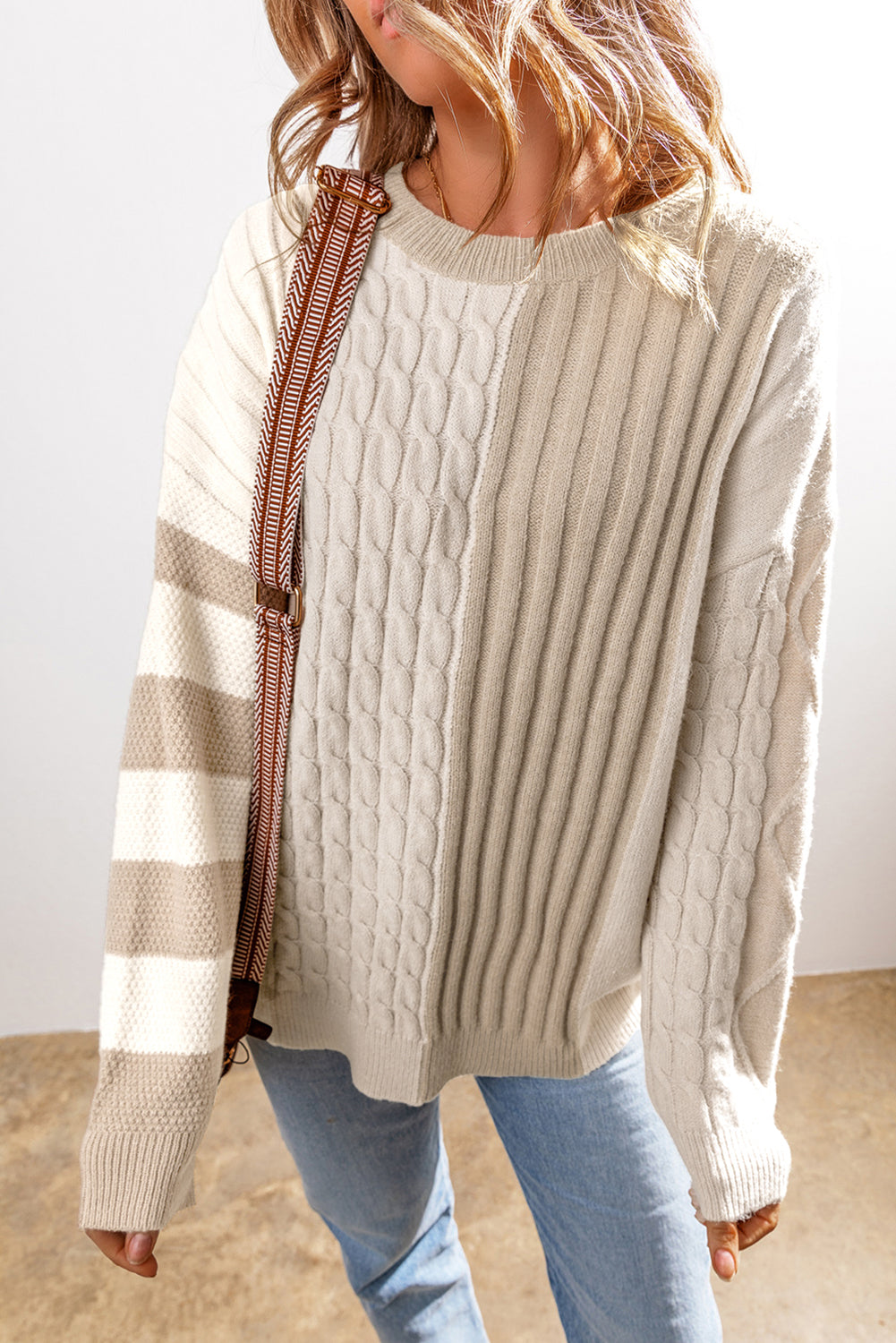 Khaki Cable Knit Colorblock Crew Neck Drop Shoulder Sweater-Sweaters & Cardigans/Sweaters-[Adult]-[Female]-Khaki-S-2022 Online Blue Zone Planet