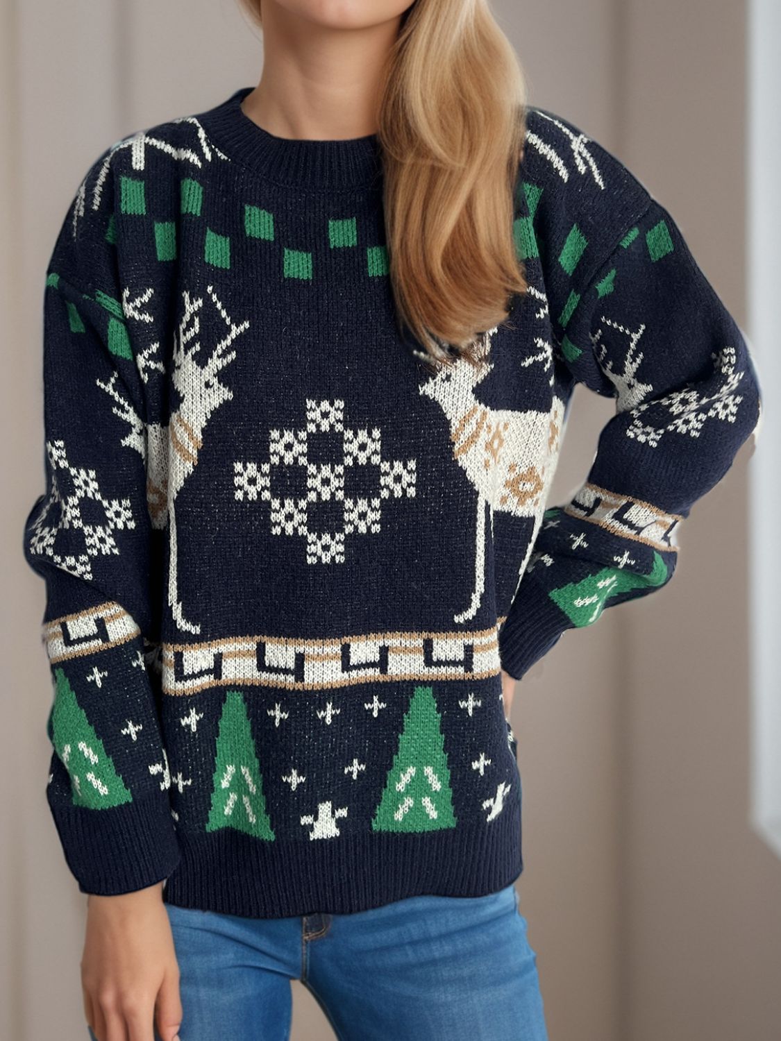 Blue Zone Planet | Christmas Element Round Neck Long Sleeve Sweater-TOPS / DRESSES-[Adult]-[Female]-2022 Online Blue Zone Planet