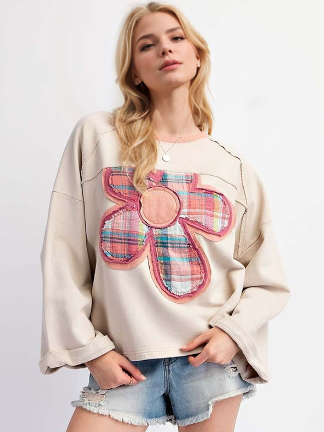 Flower Patch Plaid Round Neck Long Sleeve T-Shirt-TOPS / DRESSES-[Adult]-[Female]-Eggshell-S-2022 Online Blue Zone Planet