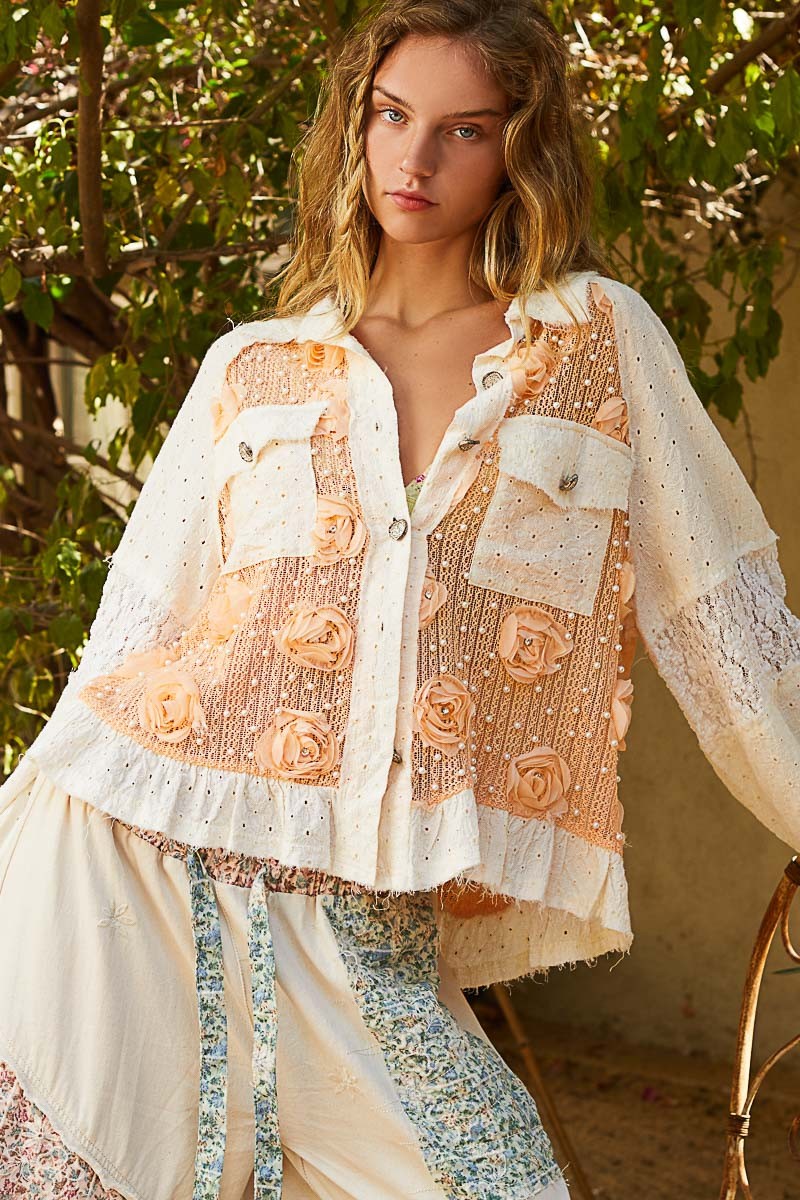 POL Eyelet Flower Pearl Detail Lace Patchwork Shirt-TOPS / DRESSES-[Adult]-[Female]-Apricot/Cream-S-2022 Online Blue Zone Planet