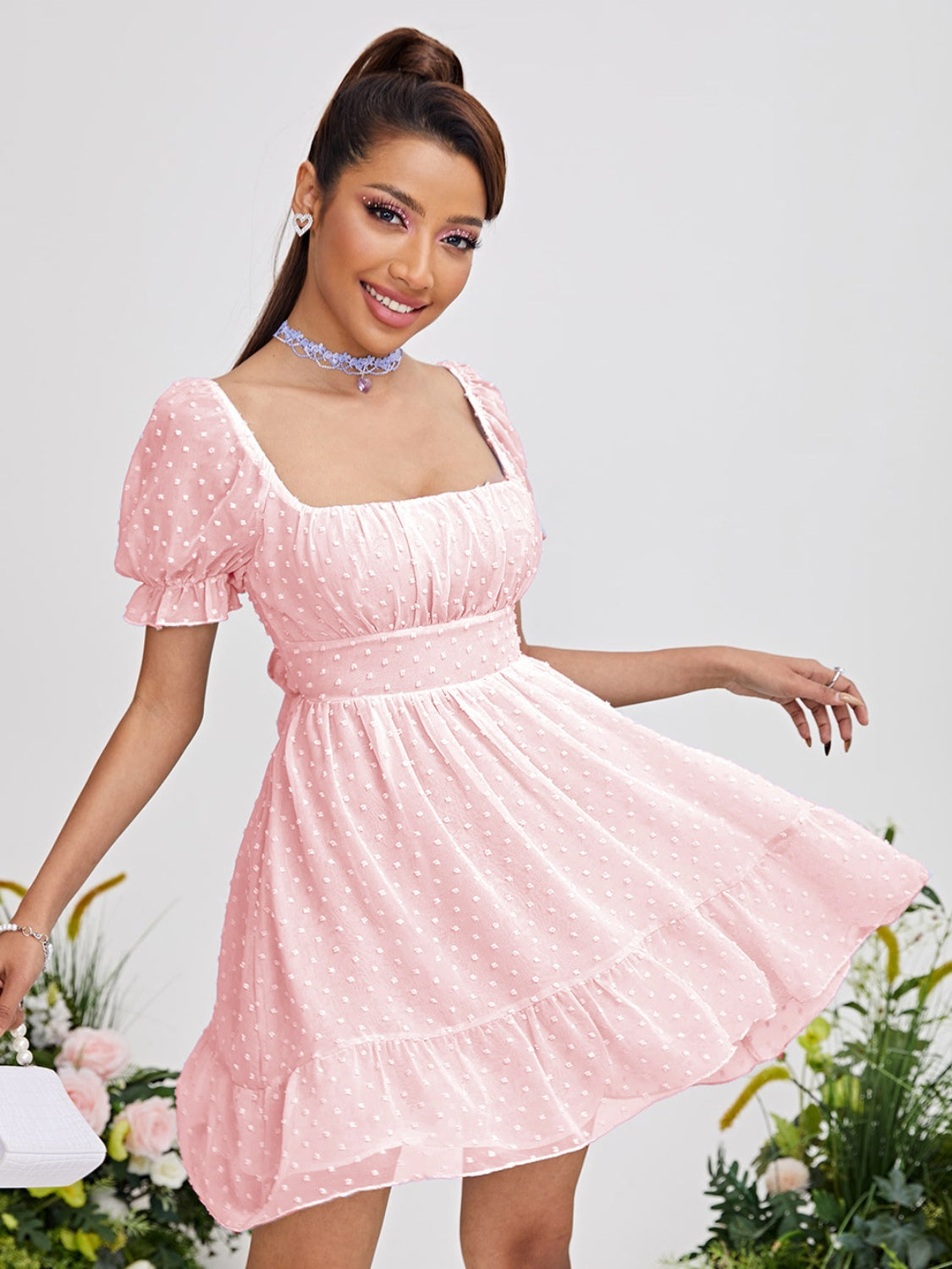 Swiss Dot Square Neck Mini Dress-TOPS / DRESSES-[Adult]-[Female]-Blush Pink-S-2022 Online Blue Zone Planet