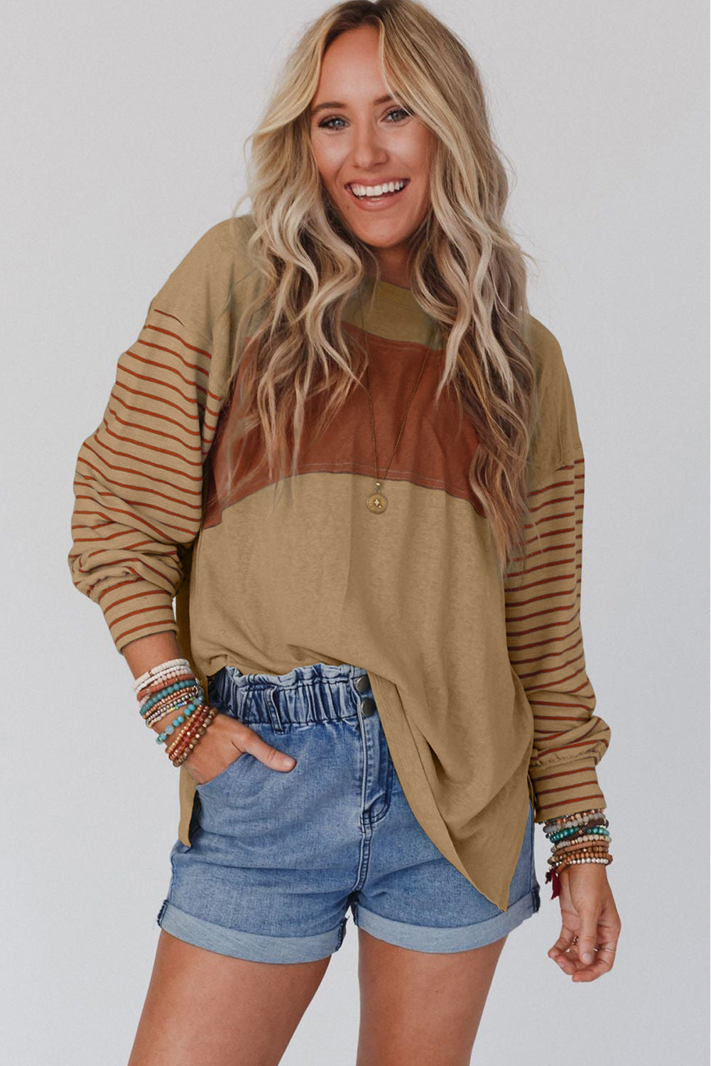 Gray Colorblock Striped Bishop Sleeve Top-Tops/Long Sleeve Tops-[Adult]-[Female]-2022 Online Blue Zone Planet