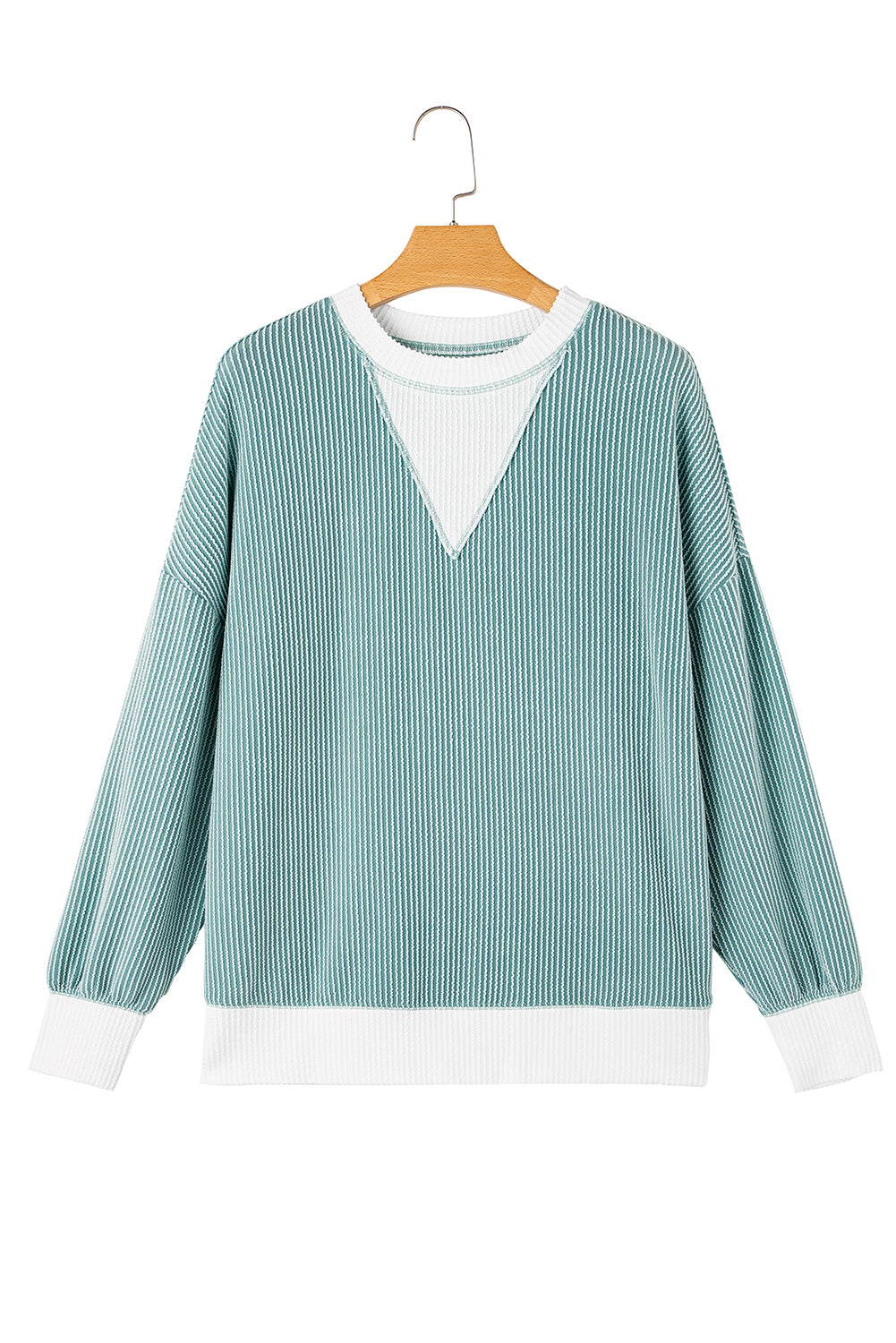 Peach Blossom Corded Colorblock Drop Shoulder Loose Top-Long Sleeve Tops-[Adult]-[Female]-2022 Online Blue Zone Planet