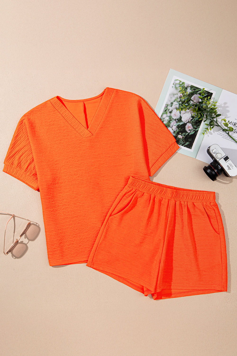 Orange Textured V Neck T Shirt and Shorts Set-Two Piece Sets/Short Sets-[Adult]-[Female]-2022 Online Blue Zone Planet