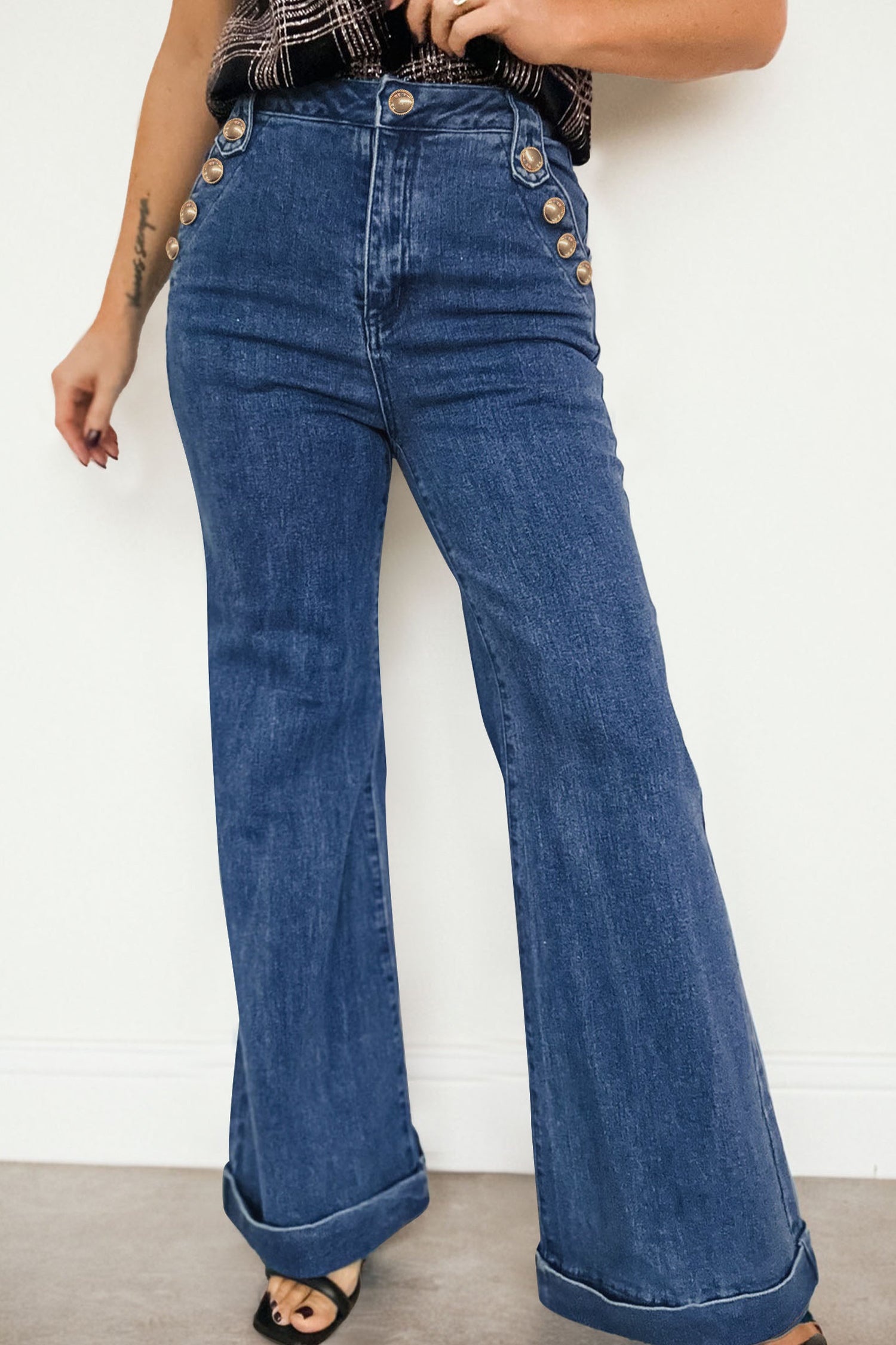 Ashleigh Blue Golden Button Detail Rolled Edge Flare Leg Jeans-Bottoms/Jeans-[Adult]-[Female]-Ashleigh Blue-4-2022 Online Blue Zone Planet