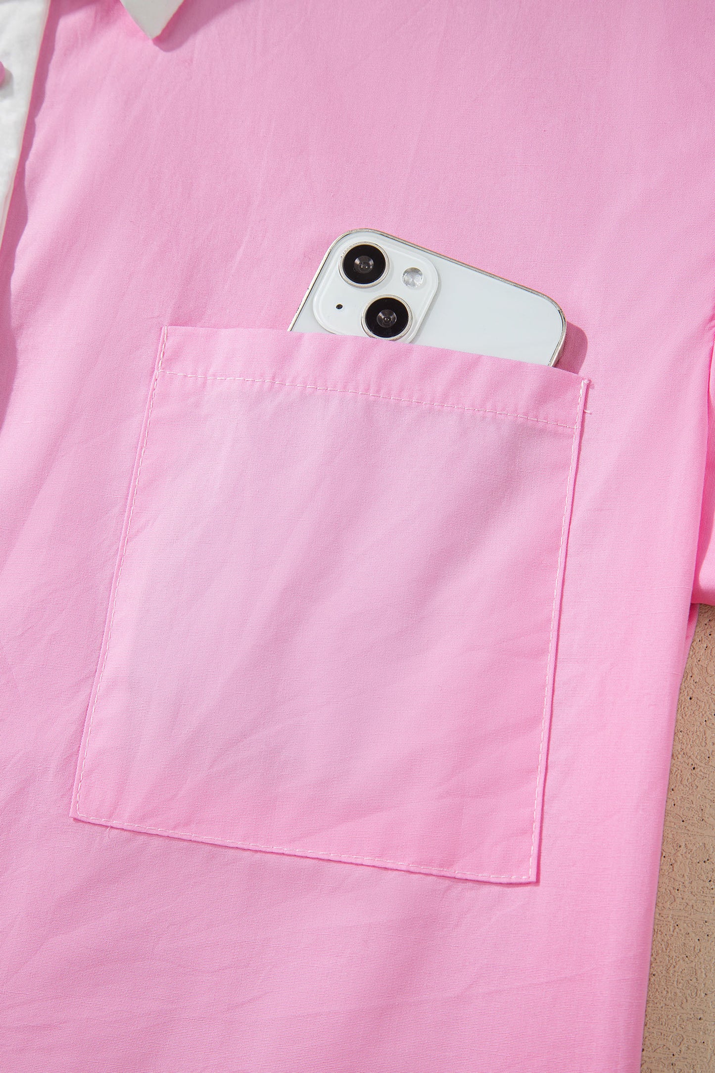 Pink Hollow-out Floral Contrast Patchwork Short Sleeve Button Up Shirt-Tops/Blouses & Shirts-[Adult]-[Female]-2022 Online Blue Zone Planet