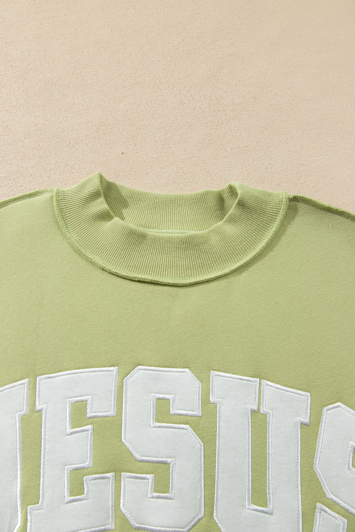 Meadow Mist Green JESUS Letter Patch Graphic Exposed Seam Mock Neck Baggy Sweatshirt