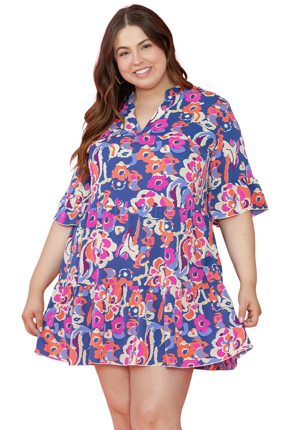 Blue Zone Planet | Blue Plus Size Floral Print Ruffled 3/4 Sleeve Mini Dress-TOPS / DRESSES-[Adult]-[Female]-2022 Online Blue Zone Planet