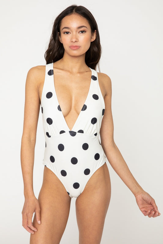Blue Zone Planet | Marina West Swim Beachy Keen Polka Dot Tied Plunge One-Piece Swimsuit-TOPS / DRESSES-[Adult]-[Female]-Ivory-S-2022 Online Blue Zone Planet