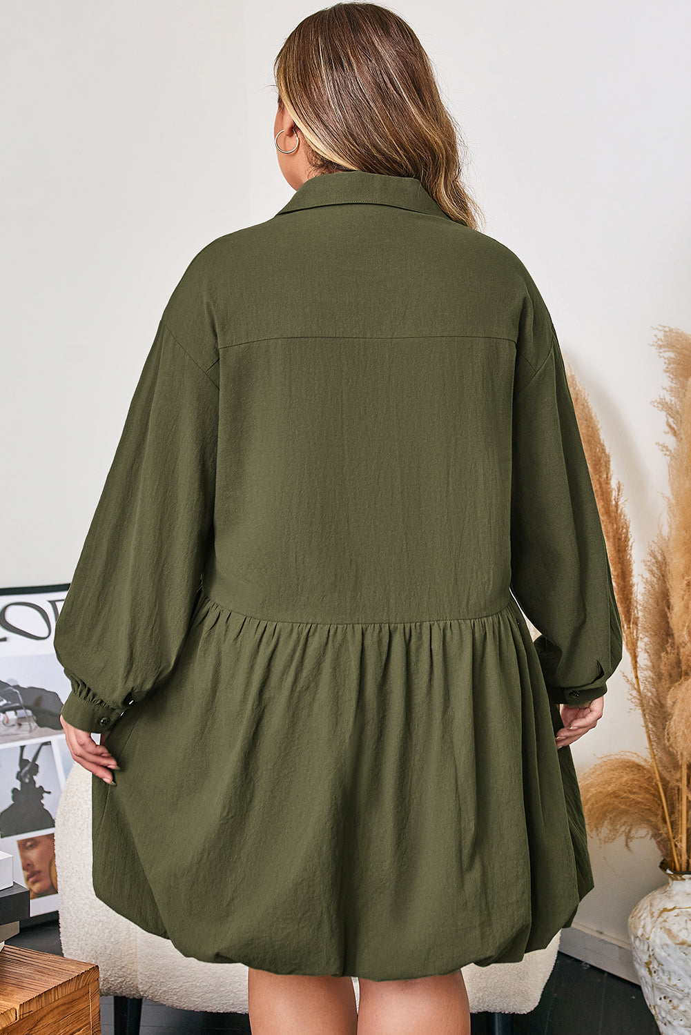 Four Leaf Clover Plus Size Collar Half Button Long Sleeve Ruffle Hem Mini Dress-TOPS / DRESSES-[Adult]-[Female]-2022 Online Blue Zone Planet
