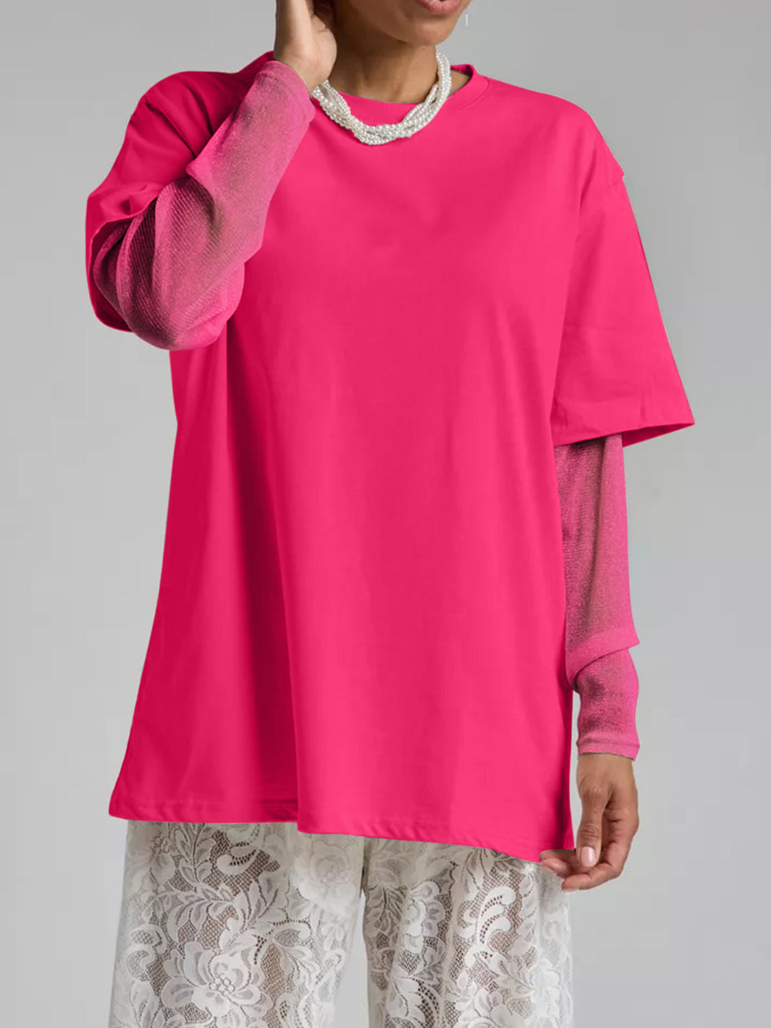 Faux Layered Round Neck Mesh Sleeve Top-TOPS / DRESSES-[Adult]-[Female]-Hot Pink-S-2022 Online Blue Zone Planet