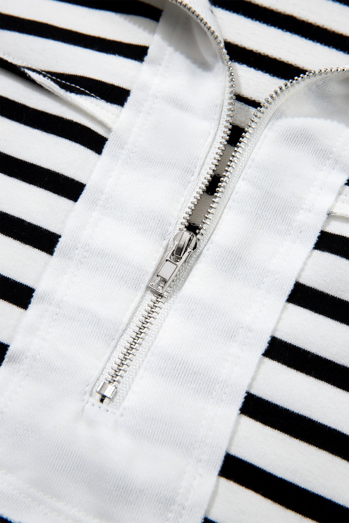 White Stripe Color Block Long Puff Sleeve Metal Zip-Up Collar Top-Tops/Long Sleeve Tops-[Adult]-[Female]-2022 Online Blue Zone Planet