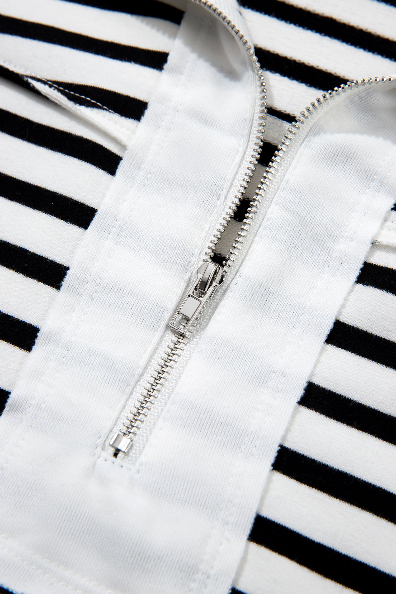 White Stripe Color Block Long Puff Sleeve Metal Zip-Up Collar Top-Tops/Long Sleeve Tops-[Adult]-[Female]-2022 Online Blue Zone Planet