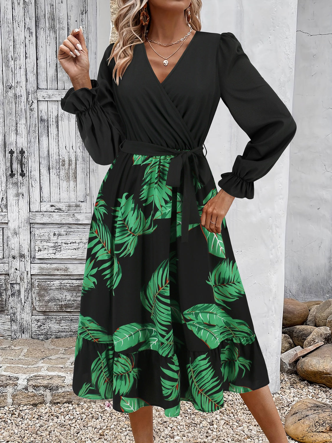 Tied Ruffled Printed Long Sleeve Dress-TOPS / DRESSES-[Adult]-[Female]-Dark Green-S-2022 Online Blue Zone Planet