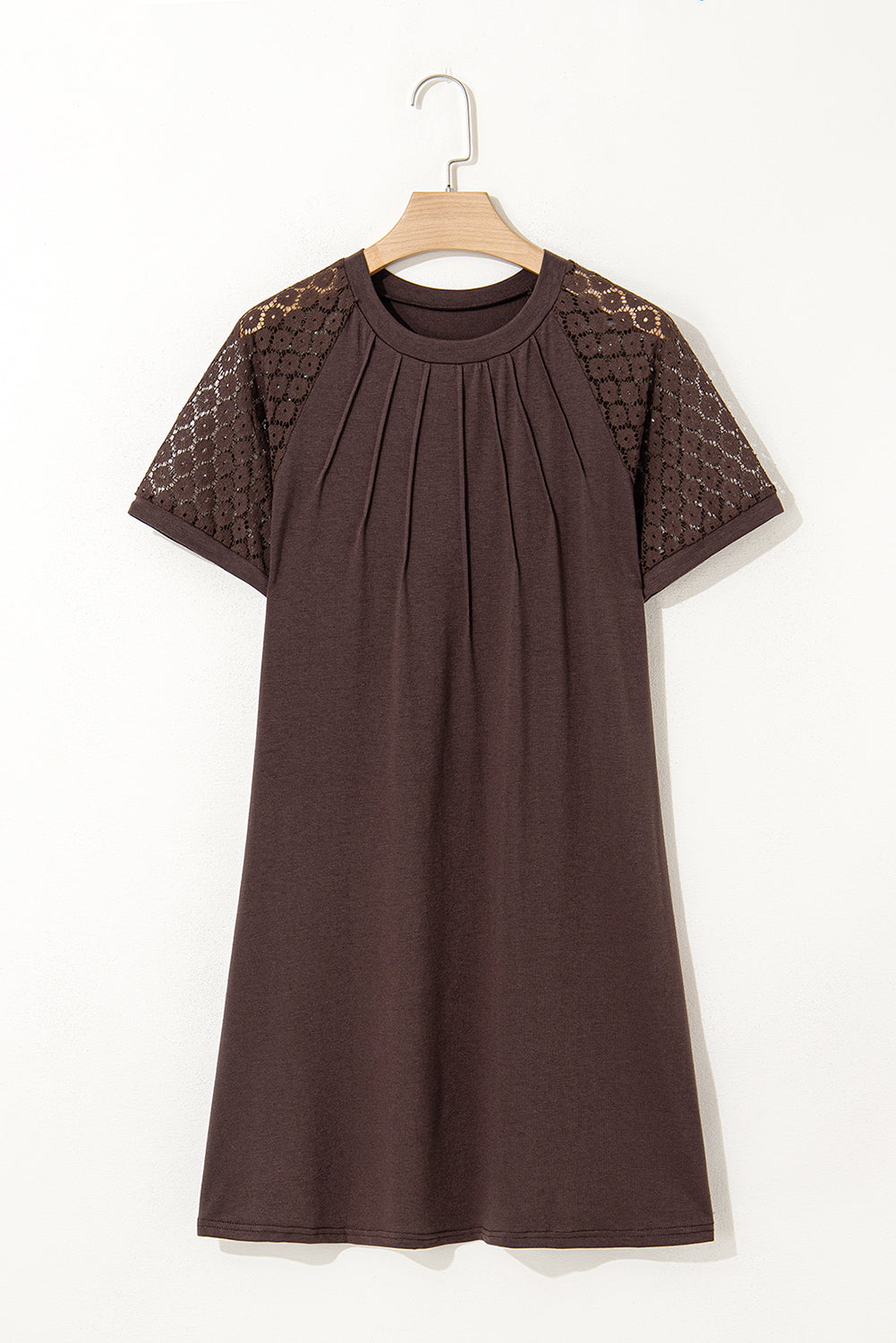 Dark Brown Contrast Lace Raglan Sleeve Pleated Detail Shift Dress-TOPS / DRESSES-[Adult]-[Female]-2022 Online Blue Zone Planet