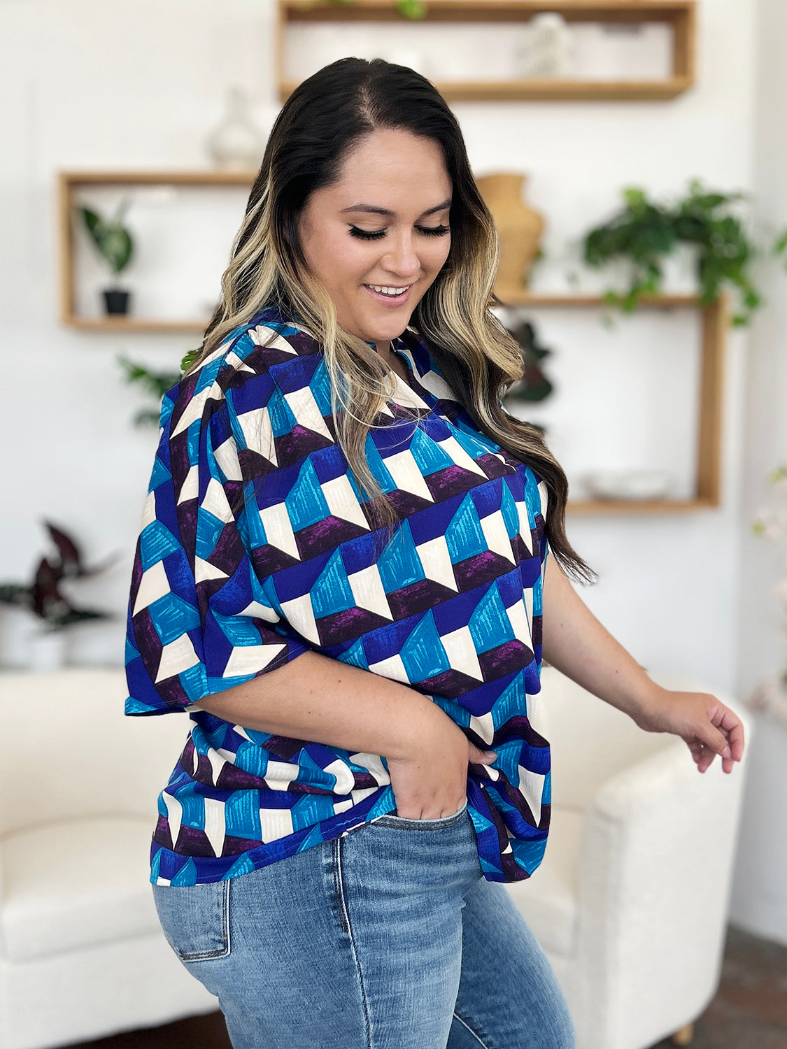 Double Take Full Size Geometric Notched Half Sleeve Blouse-TOPS / DRESSES-[Adult]-[Female]-2022 Online Blue Zone Planet