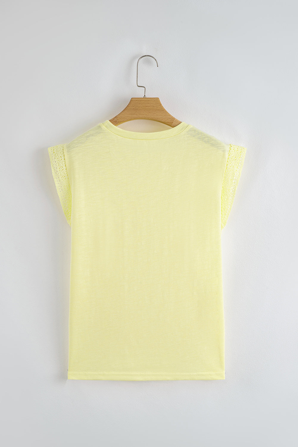Yellow Cream Lace Patchwork Cap Sleeve Round Neck T Shirt-Tops/Tops & Tees-[Adult]-[Female]-2022 Online Blue Zone Planet