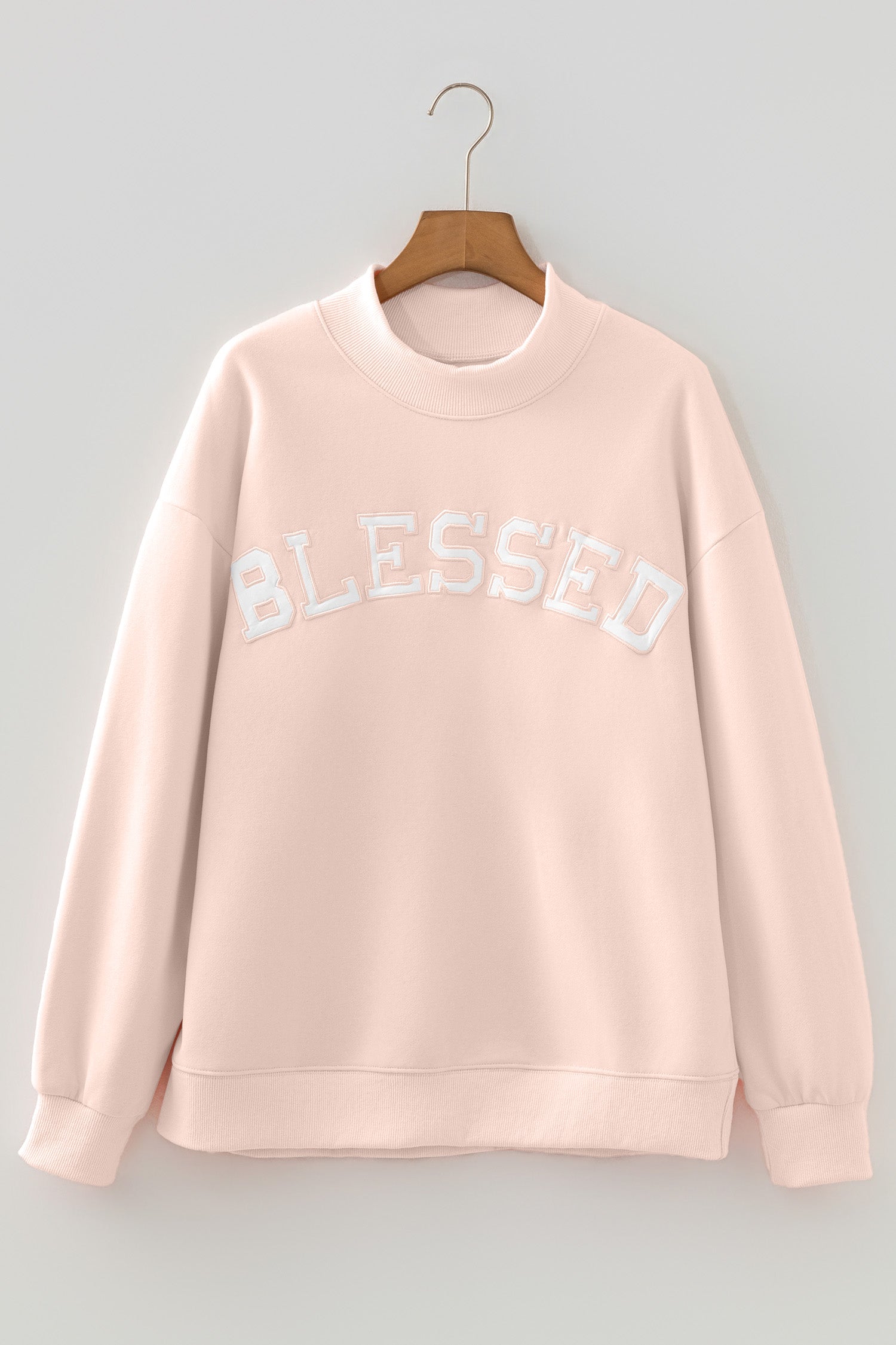 Light Pink Oversize Blessed Embroidered Mock Neck Sweatshirt-Tops/Sweatshirts & Hoodies-[Adult]-[Female]-2022 Online Blue Zone Planet