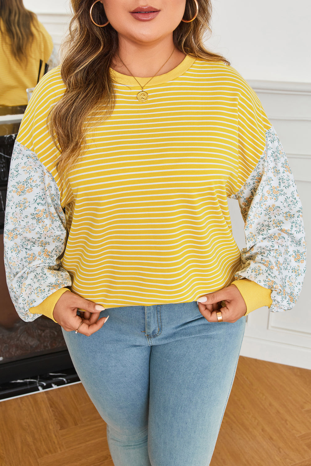 Yellow Stripe Striped Contrast Floral Sleeve Patchwork Plus Size Loose Top-Plus Size/Plus Size Tops/Plus Size Long Sleeve Tops-[Adult]-[Female]-2022 Online Blue Zone Planet