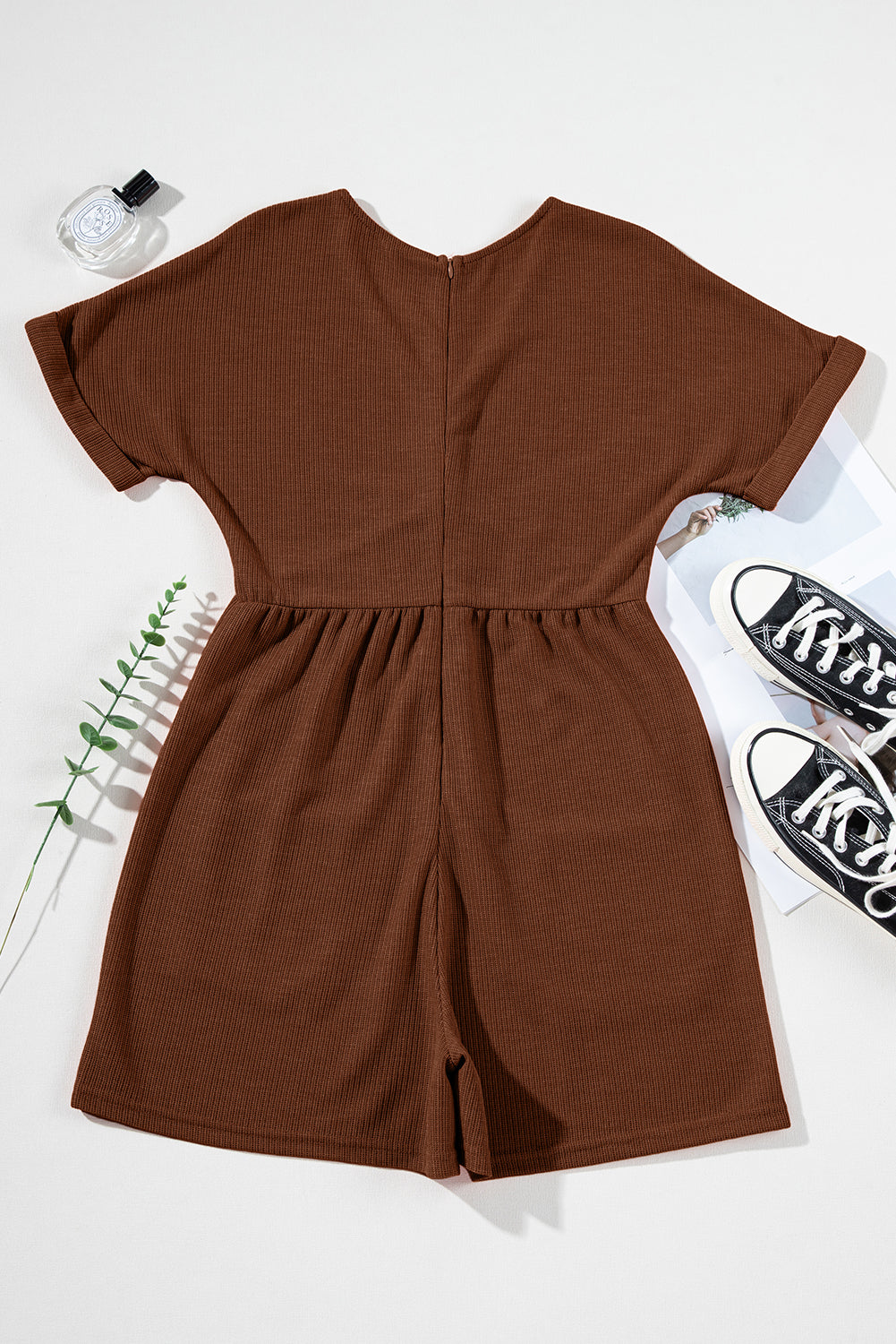 Coffee Solid Color Knit V Neck Zipped Loose Romper-Bottoms/Jumpsuits & Rompers-[Adult]-[Female]-2022 Online Blue Zone Planet