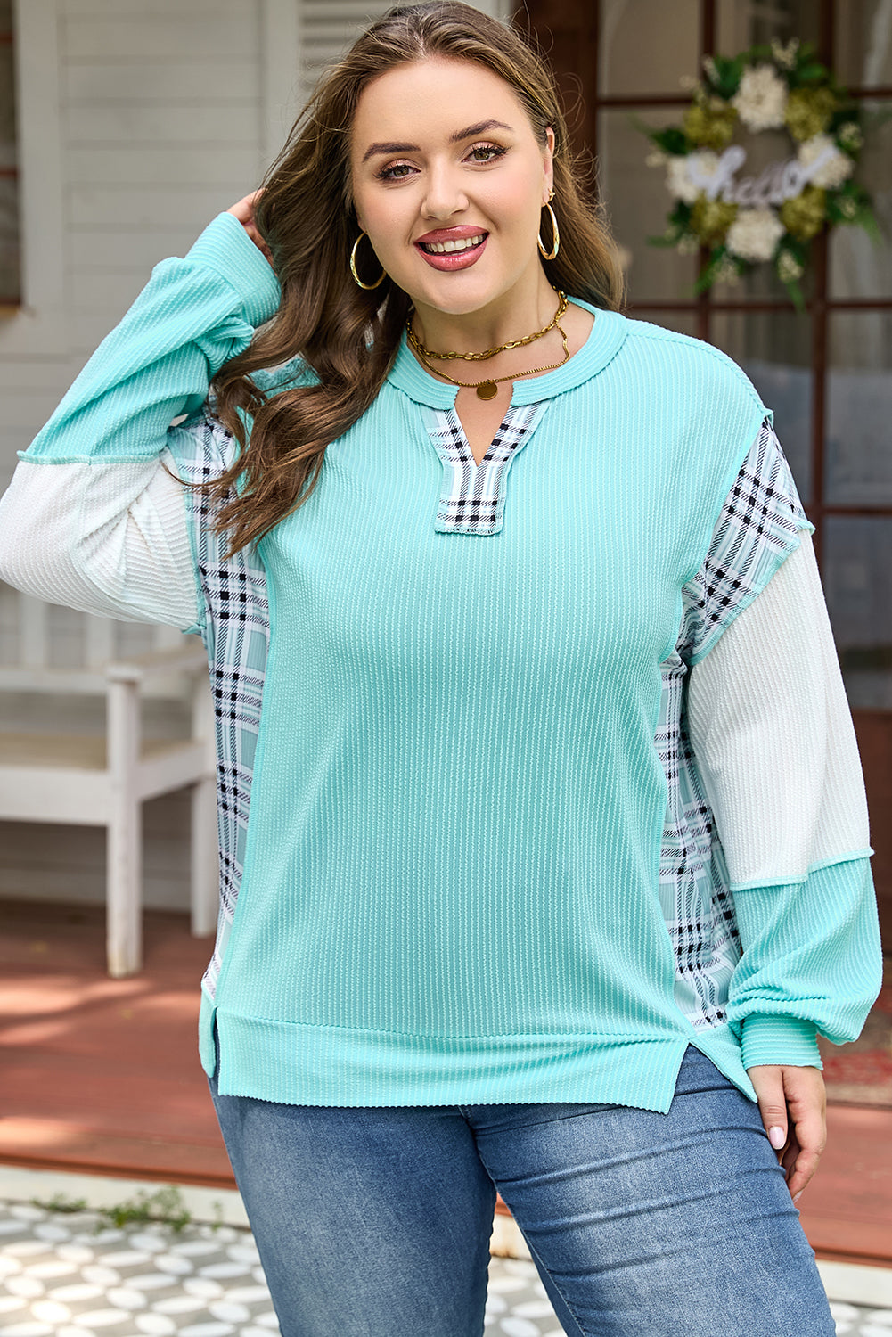 Aruba Blue Twist Ribbed Color Block Plaid Patchwork Plus Size Long Sleeve Top-Plus Size/Plus Size Tops/Plus Size Long Sleeve Tops-[Adult]-[Female]-2022 Online Blue Zone Planet