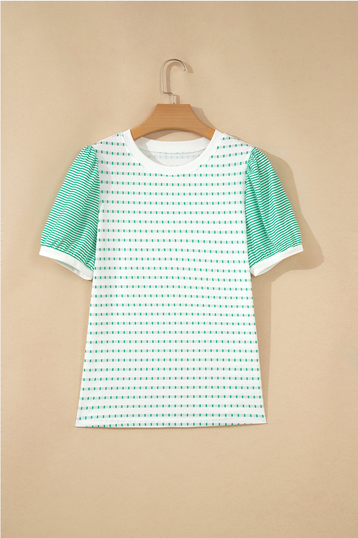 Green Striped Short Puff Sleeve Top-Tops/Tops & Tees-[Adult]-[Female]-2022 Online Blue Zone Planet