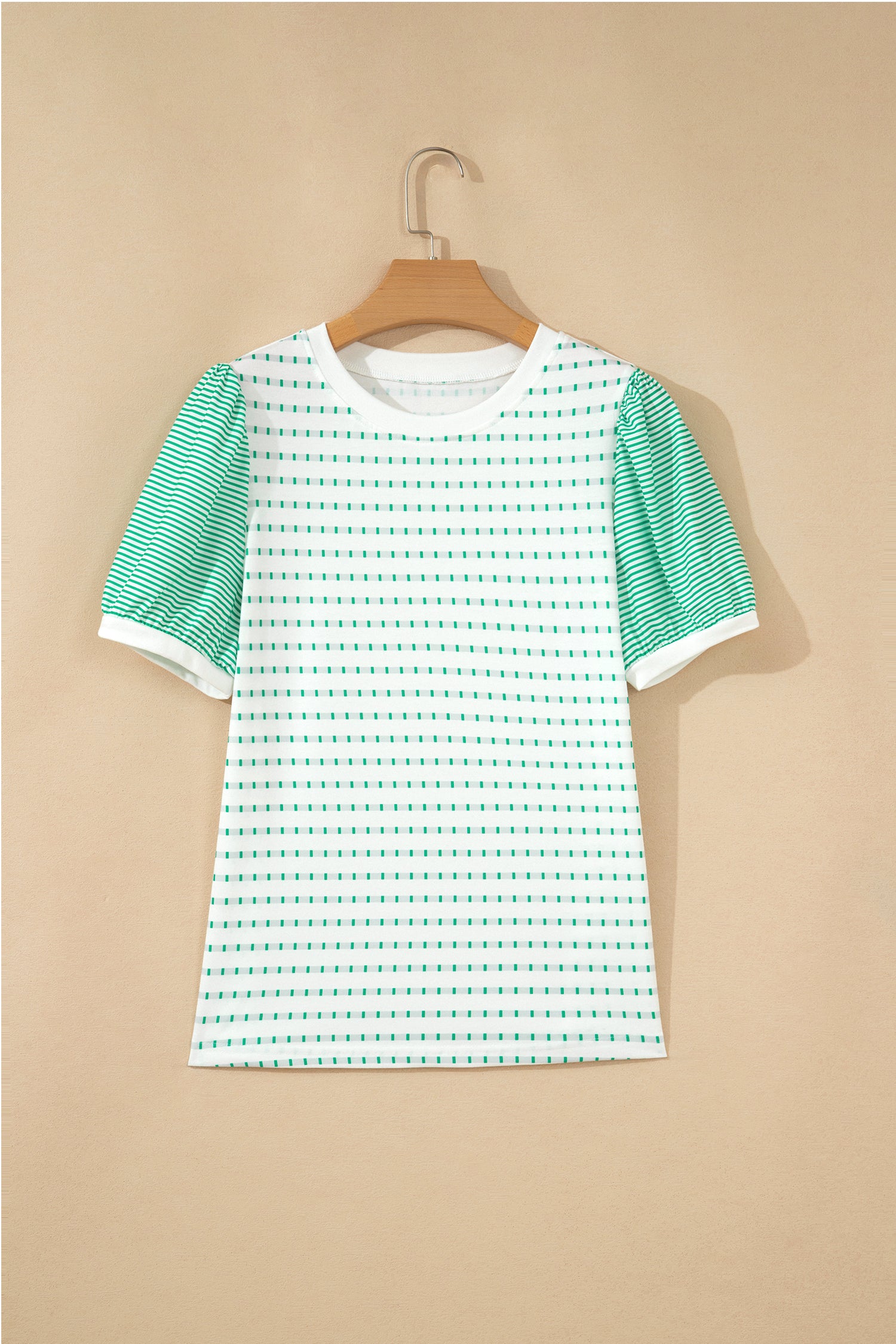 Green Striped Short Puff Sleeve Top-Tops/Tops & Tees-[Adult]-[Female]-2022 Online Blue Zone Planet