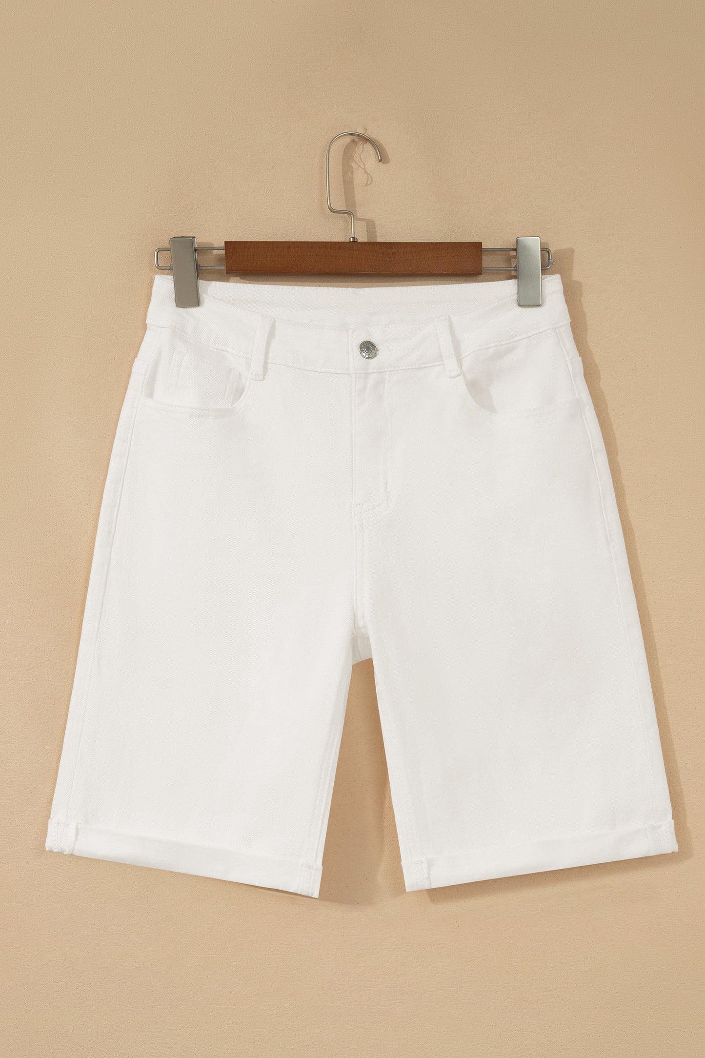 White Solid Color Rolled Cuffs Denim Bermuda Shorts-Bottoms/Denim Shorts-[Adult]-[Female]-2022 Online Blue Zone Planet
