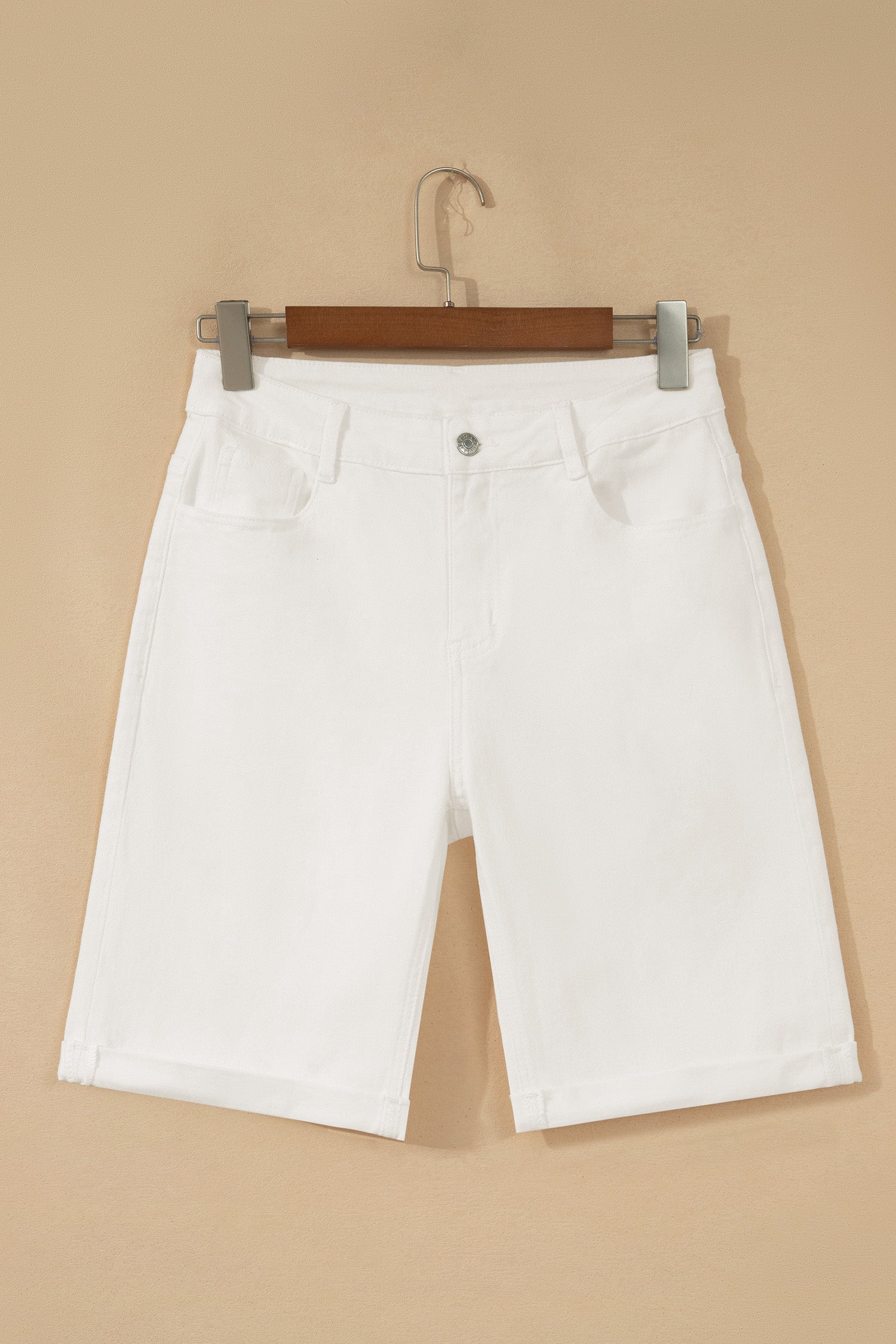 White Solid Color Rolled Cuffs Denim Bermuda Shorts-Bottoms/Denim Shorts-[Adult]-[Female]-2022 Online Blue Zone Planet